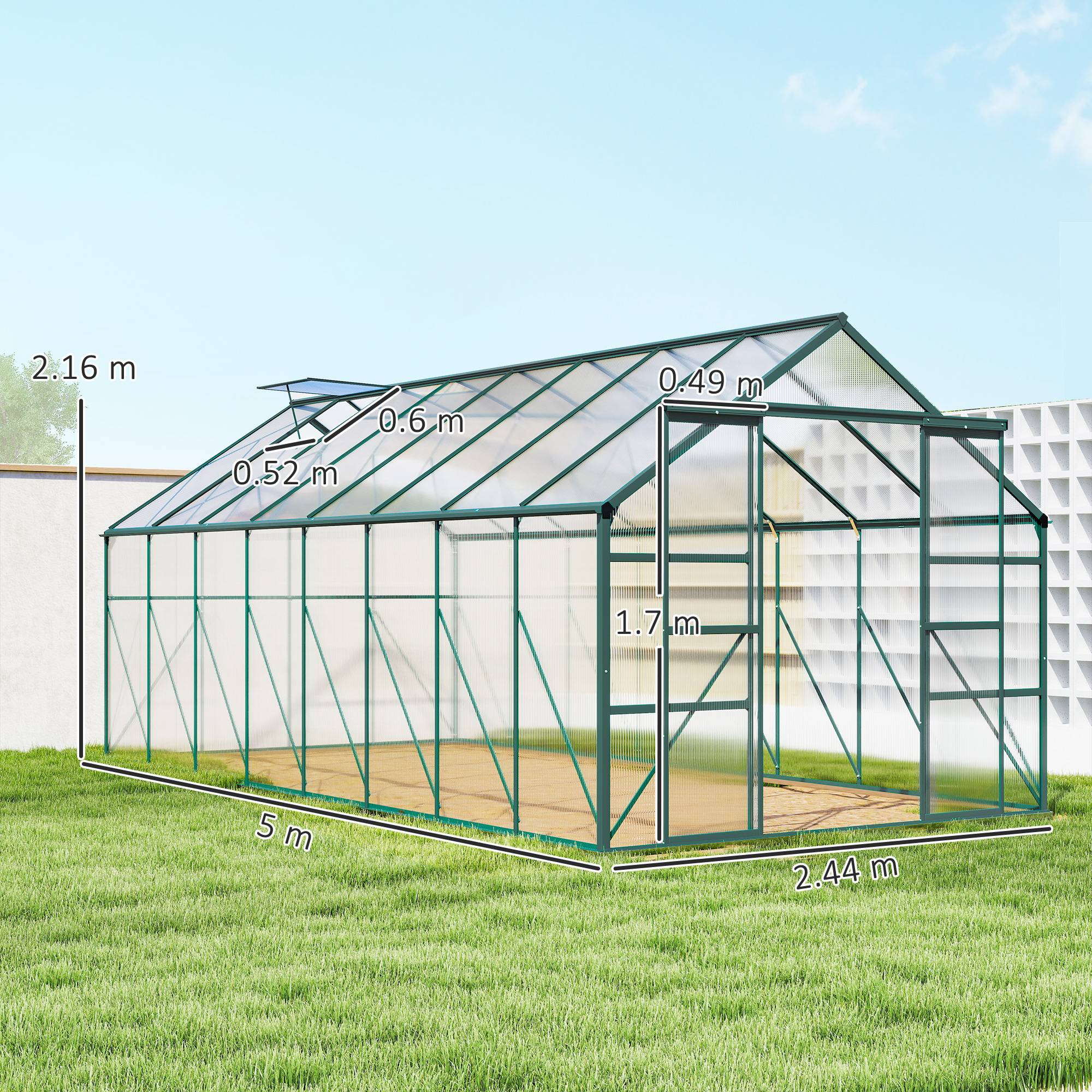 Serre de jardin aluminium polycarbonate culture potager porte coulissante 244x500x216cm - ComfortXL Outdoor Living - Image 5