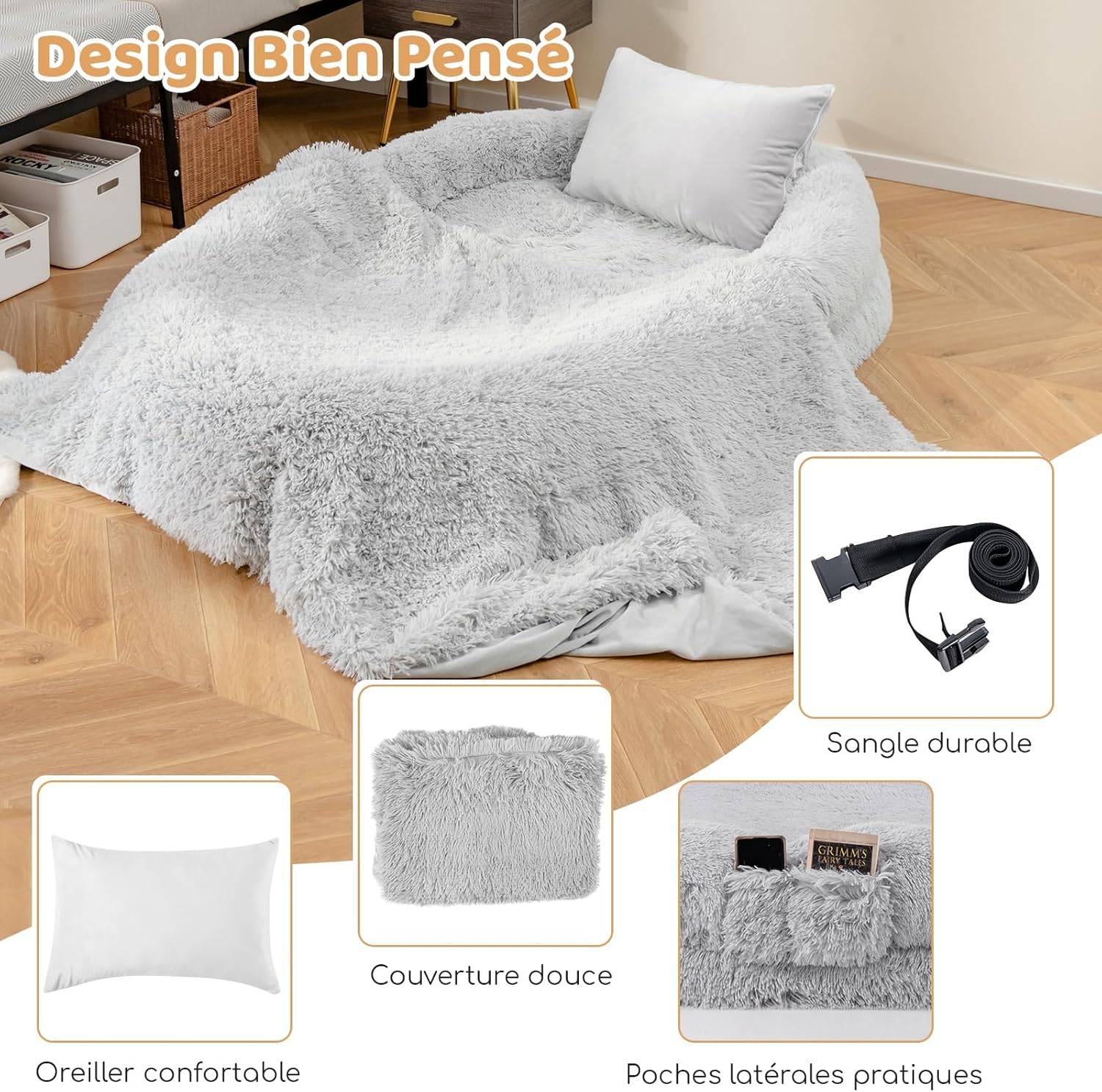COSTWAY Panier Chien de Grande Taille, Lit Géant pour Chien et Humain, Lit en Fausse Fourrure Lavable avec Couverture, Oreiller Gonflé, Gris - Image 6