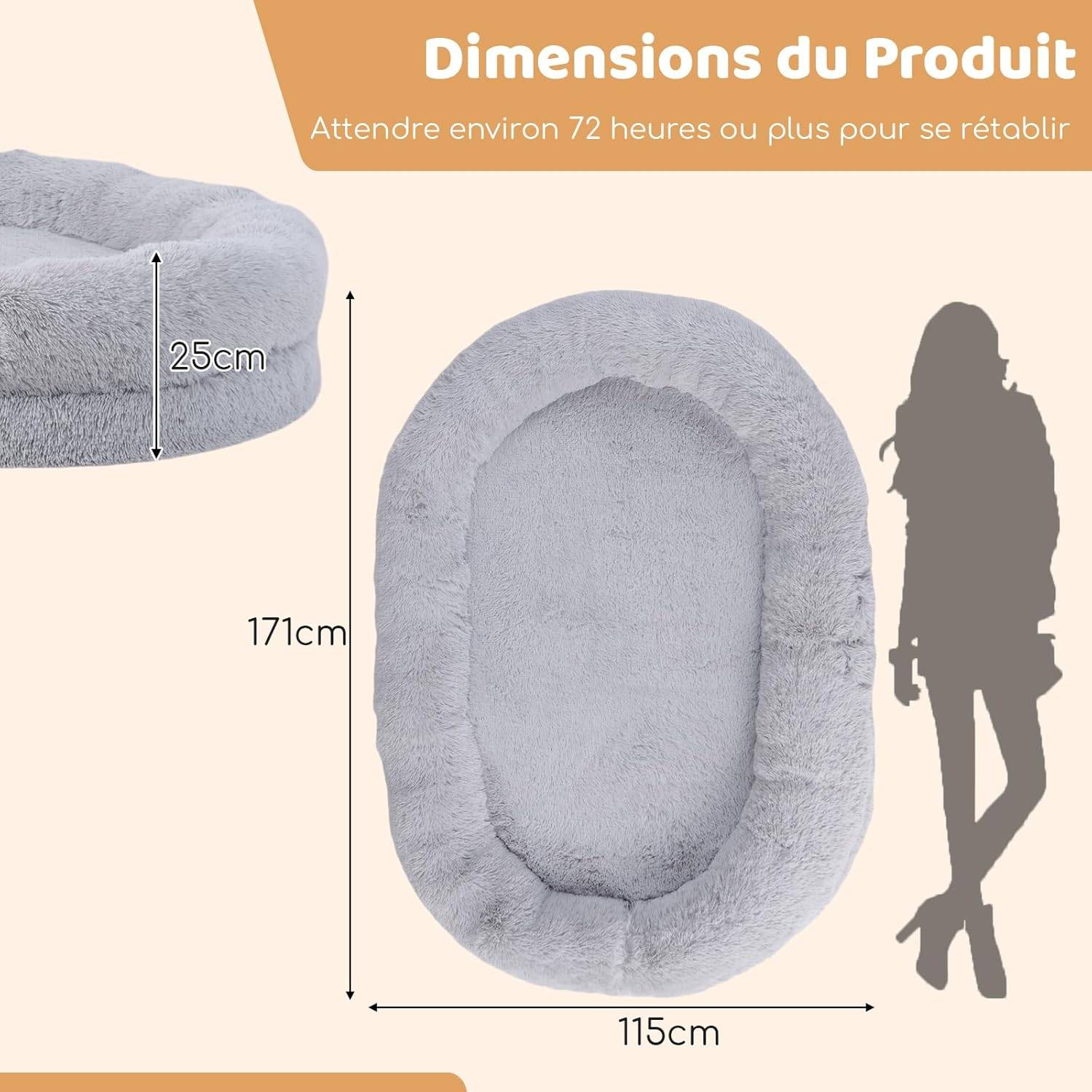 COSTWAY Panier Chien de Grande Taille, Lit Géant pour Chien et Humain, Lit en Fausse Fourrure Lavable avec Couverture, Oreiller Gonflé, Gris - Image 8