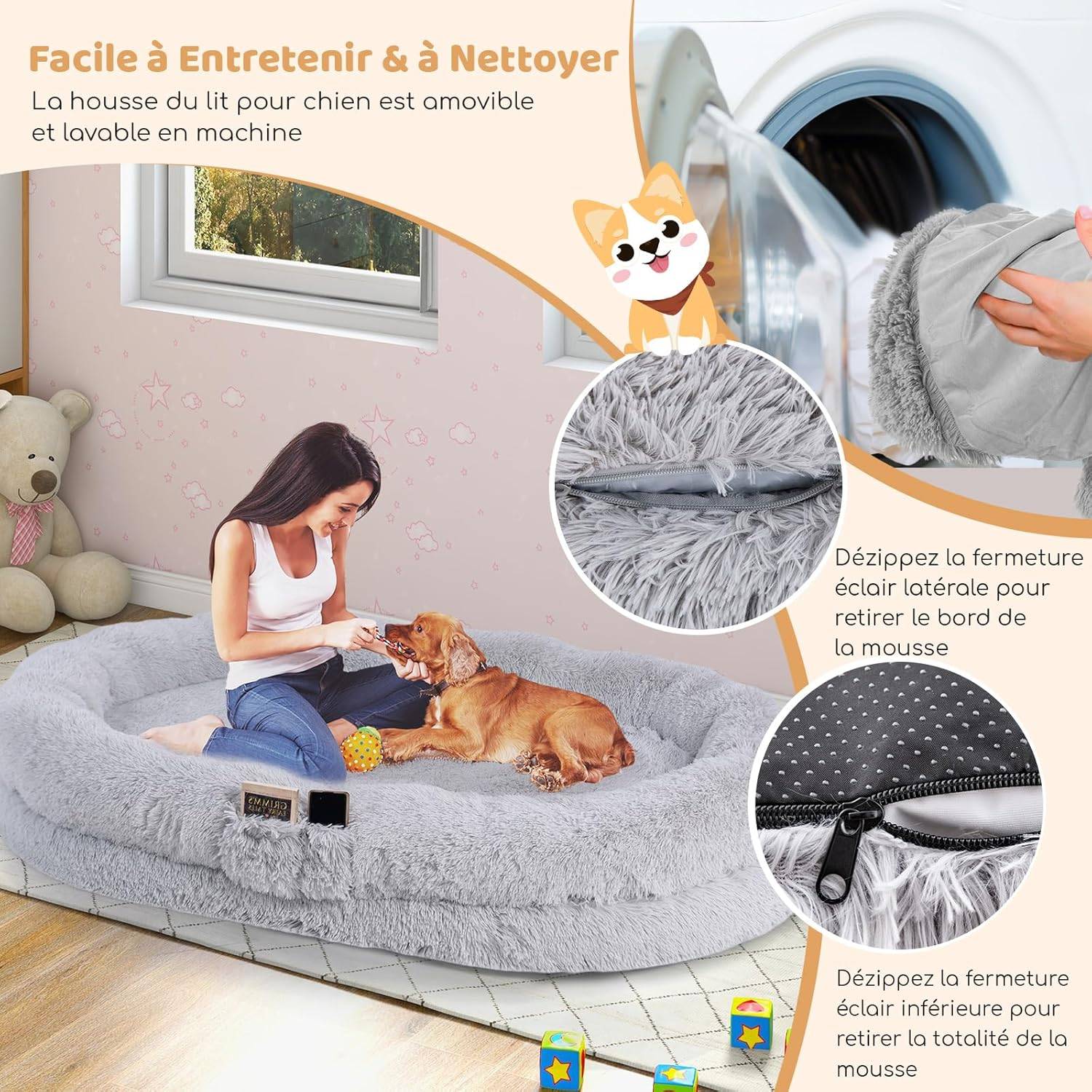 COSTWAY Panier Chien de Grande Taille, Lit Géant pour Chien et Humain, Lit en Fausse Fourrure Lavable avec Couverture, Oreiller Gonflé, Gris - Image 5