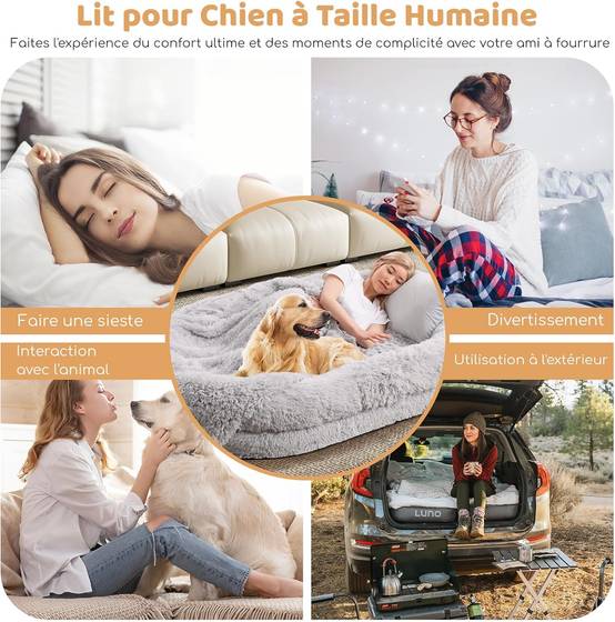 COSTWAY Panier Chien de Grande Taille, Lit Géant pour Chien et Humain, Lit en Fausse Fourrure Lavable avec Couverture, Oreiller Gonflé, Gris - Image 7