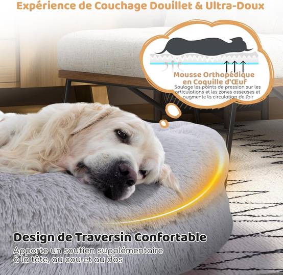 COSTWAY Panier Chien de Grande Taille, Lit Géant pour Chien et Humain, Lit en Fausse Fourrure Lavable avec Couverture, Oreiller Gonflé, Gris - Image 3