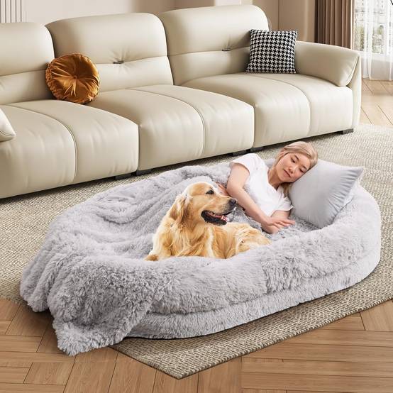 COSTWAY Panier Chien de Grande Taille, Lit Géant pour Chien et Humain, Lit en Fausse Fourrure Lavable avec Couverture, Oreiller Gonflé, Gris - Image 2