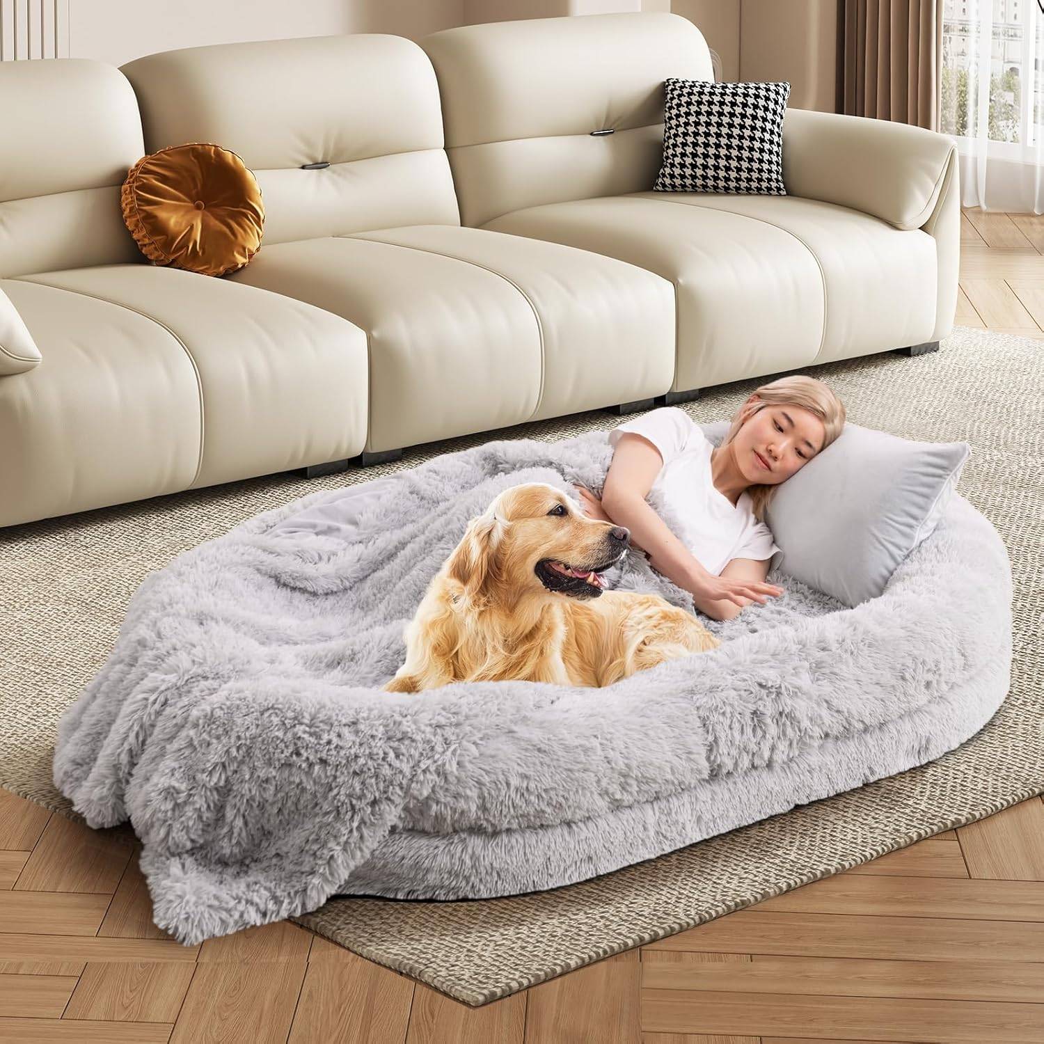 COSTWAY Panier Chien de Grande Taille, Lit Géant pour Chien et Humain, Lit en Fausse Fourrure Lavable avec Couverture, Oreiller Gonflé, Gris - Image 2
