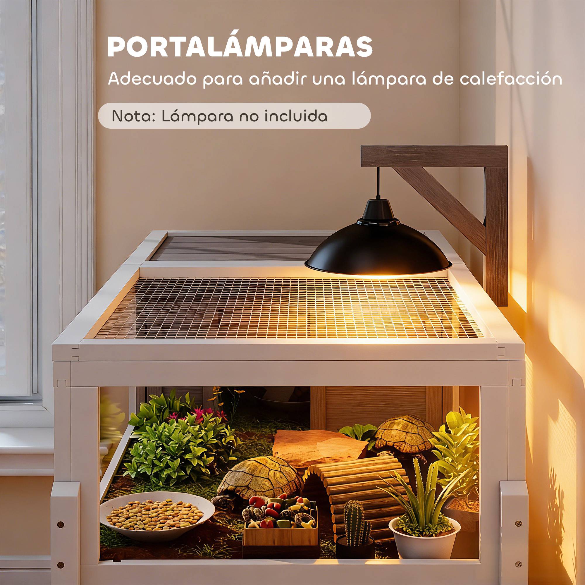 Maison pour tortues en bois avec toit grillagé, bac amovible et support de lampe, 104x53x82 cm, gris et blanc - Image 9