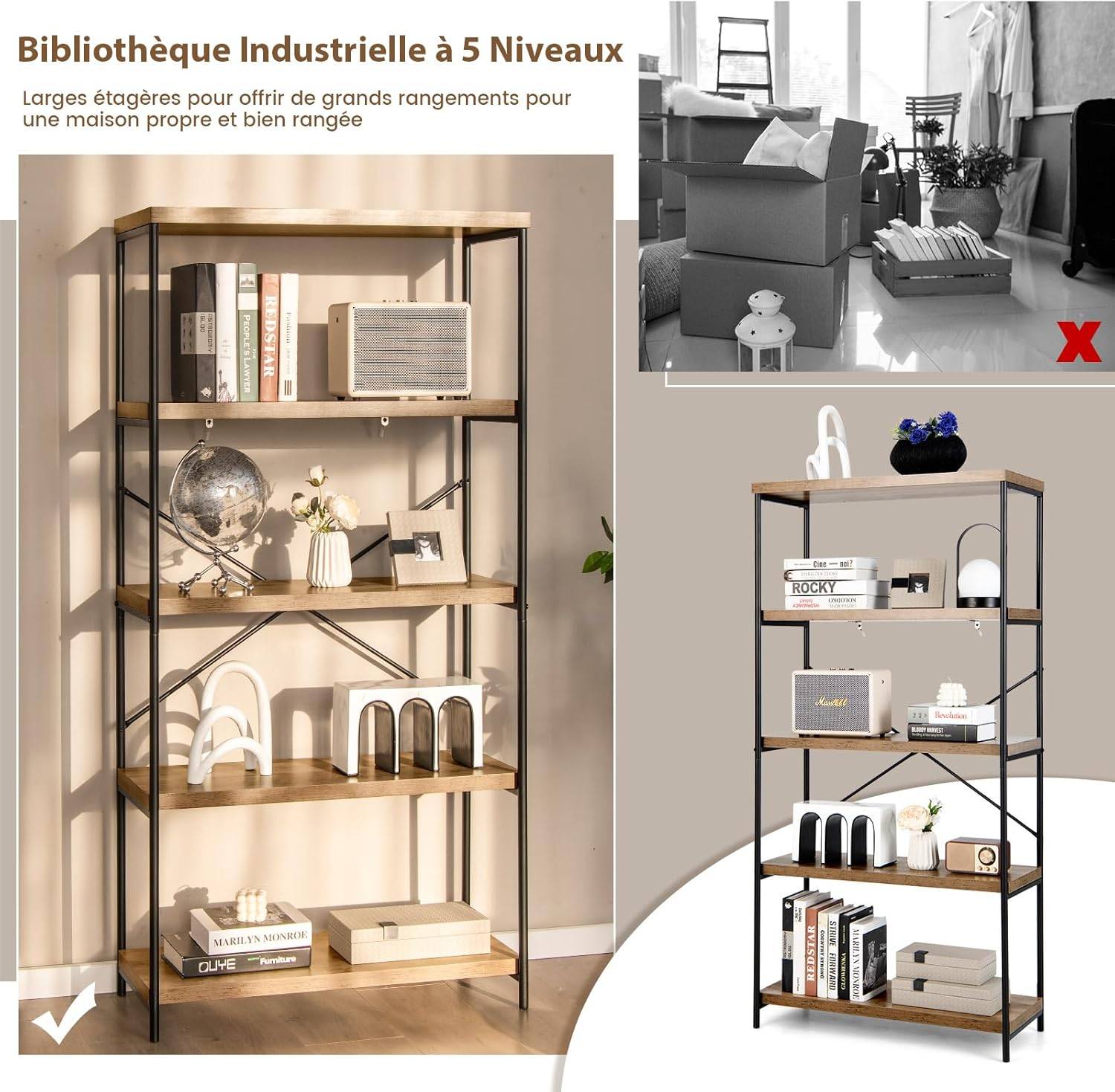 Bibliothèque Étagère à 5 Niveaux, Bibliothèque Industrielle en Bois avec Cadre en Métal(Marron) - Image 6