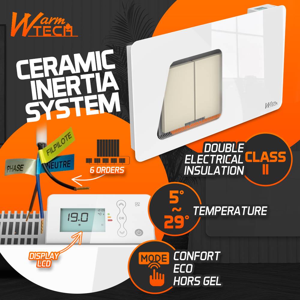 Radiateur inertie céramique avec façade en verre 1500 W - IP24 - NF - Fil pilote 6 ordres - Image 3