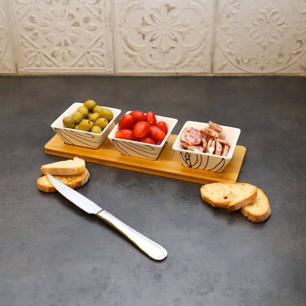 ~ Set apéritif tapas 3 verrines en bambou et céramique blanc et marron 36.5 x 10 cm Chemin de campagne - Image 3