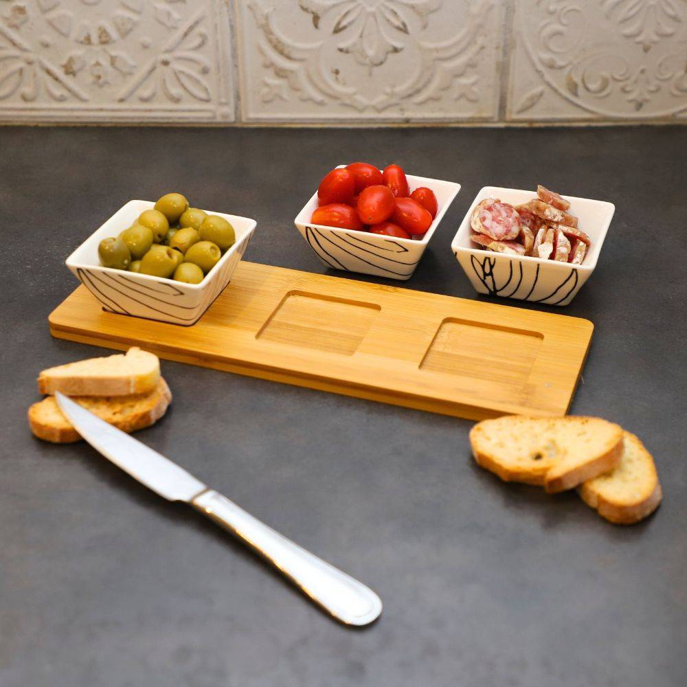 ~ Set apéritif tapas 3 verrines en bambou et céramique blanc et marron 36.5 x 10 cm Chemin de campagne - Image 4
