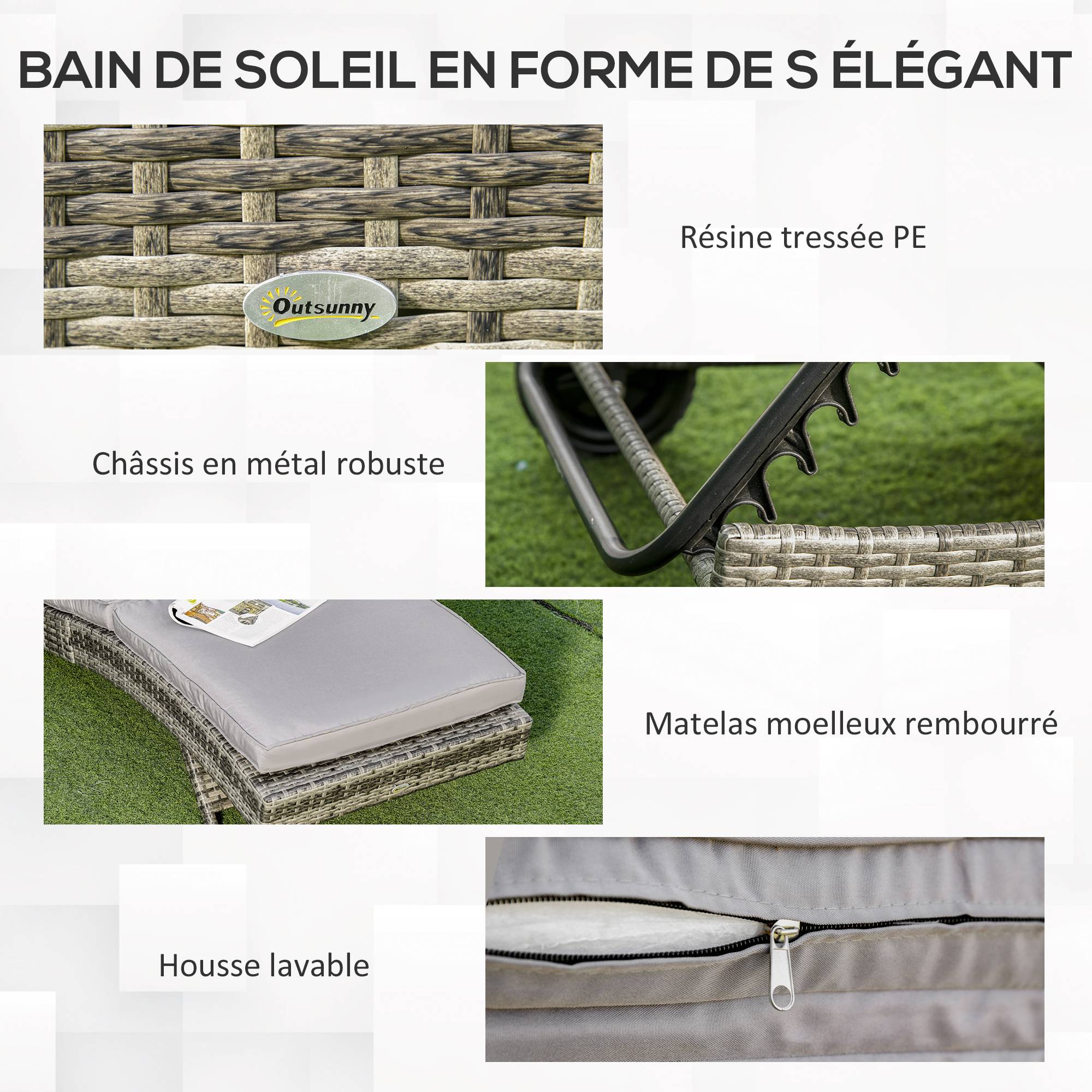 Bain de soleil transat grand confort - dossier inclinable 5 positions roulettes - matelas déhoussable inclus - résine tressée grise - Image 8