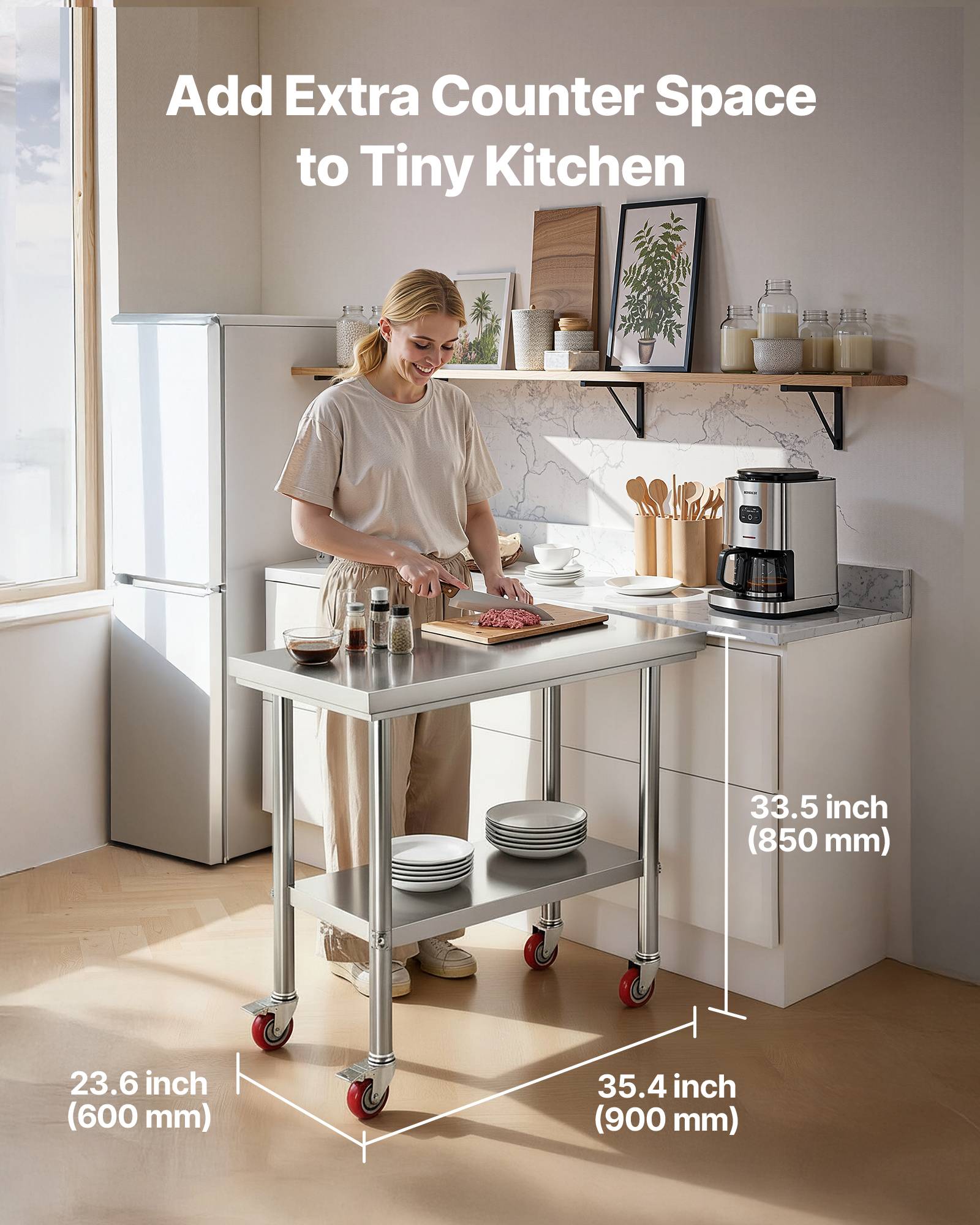 Vevor - VEVOR Table de travail en acier inoxydable 90 x 60 cm, roulettes avec freins, étagère inférieure réglable pour cuisine professionnelle et atelier - Image 2