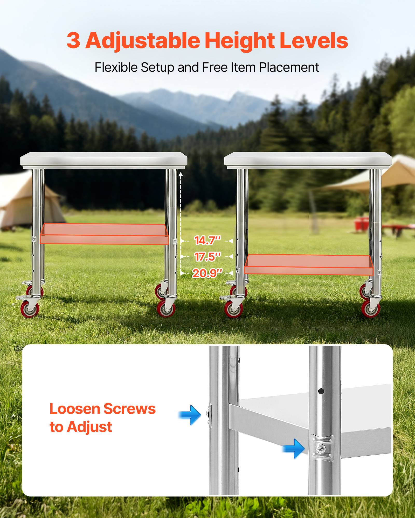 Vevor - VEVOR Table de travail en acier inoxydable 90 x 60 cm, roulettes avec freins, étagère inférieure réglable pour cuisine professionnelle et atelier - Image 5