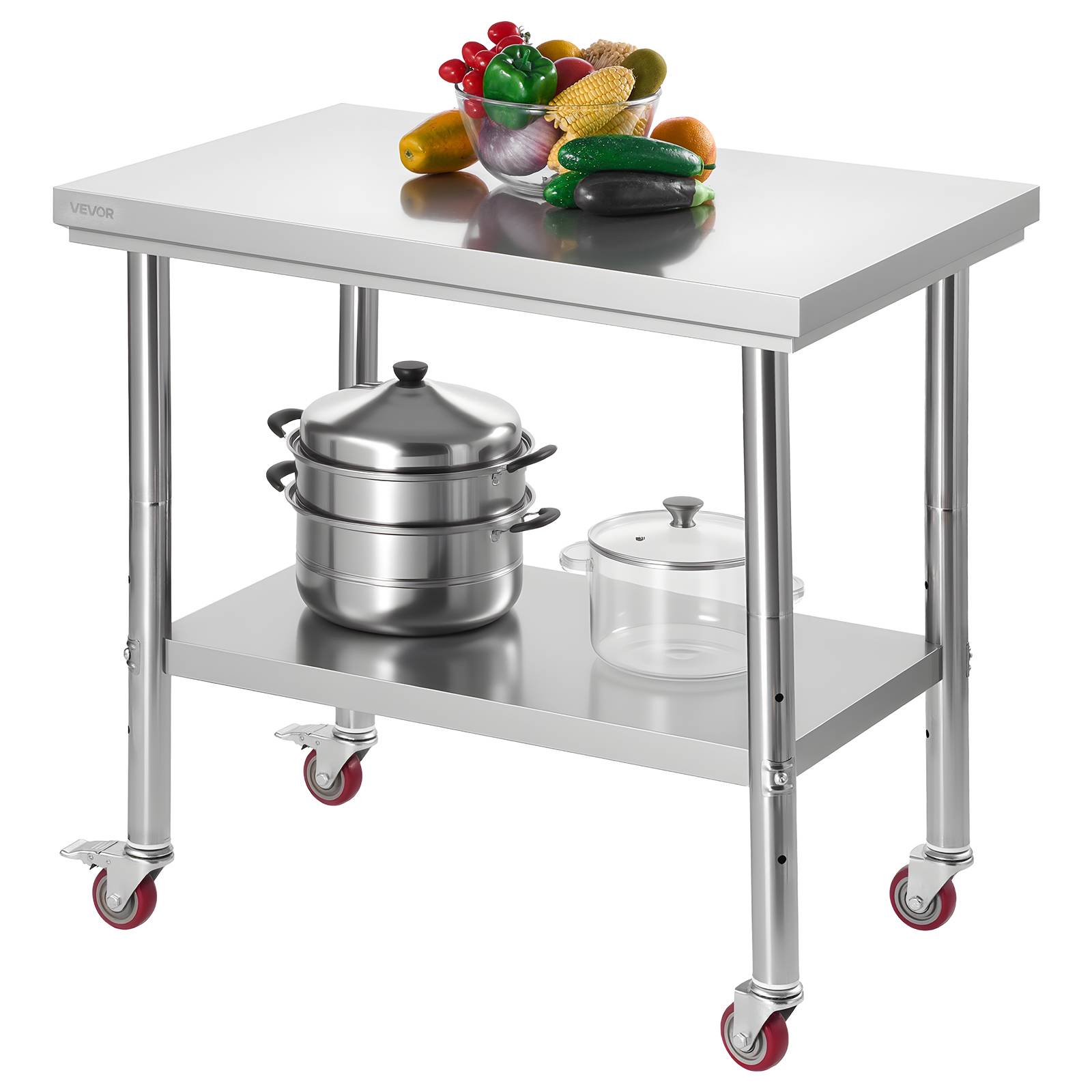 Vevor - VEVOR Table de travail en acier inoxydable 90 x 60 cm, roulettes avec freins, étagère inférieure réglable pour cuisine professionnelle et atelier - Image 1