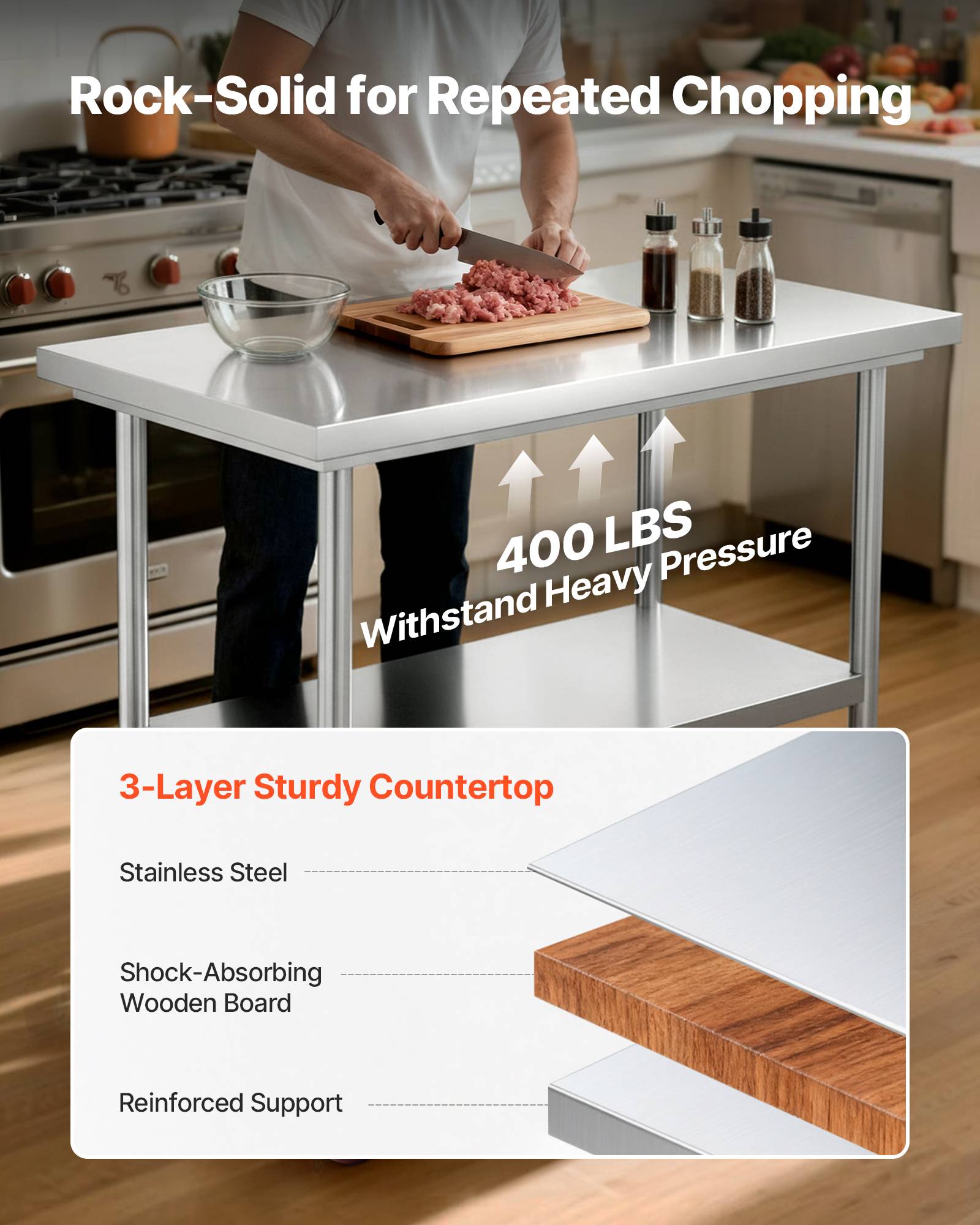Vevor - VEVOR Table de travail en acier inoxydable 90 x 60 cm, roulettes avec freins, étagère inférieure réglable pour cuisine professionnelle et atelier - Image 4