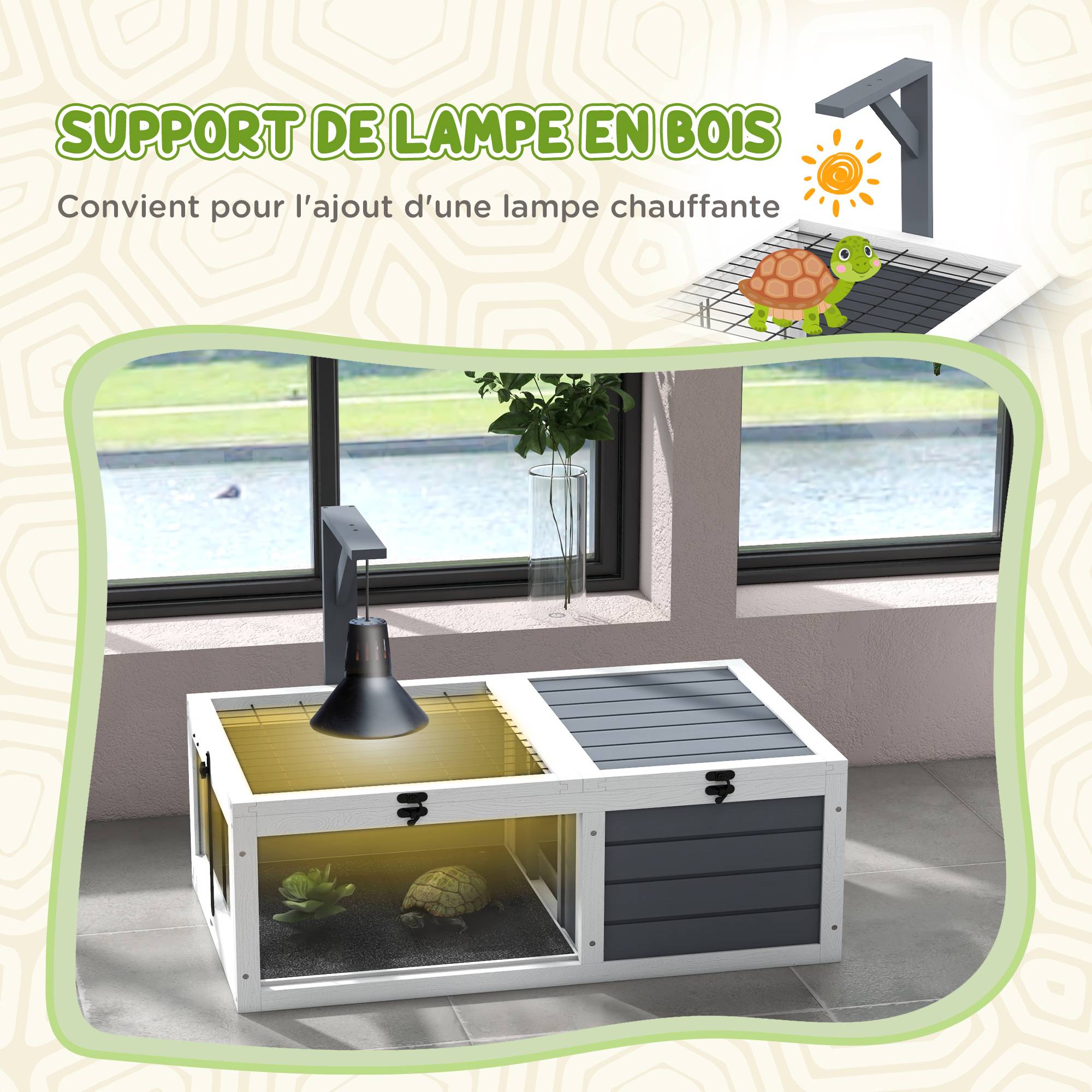 Sans Marque - Maison enclos cage pour petit animal tortue avec 2 espaces support de lampe 81 x 48 x 31,5 cm gris - Image 7