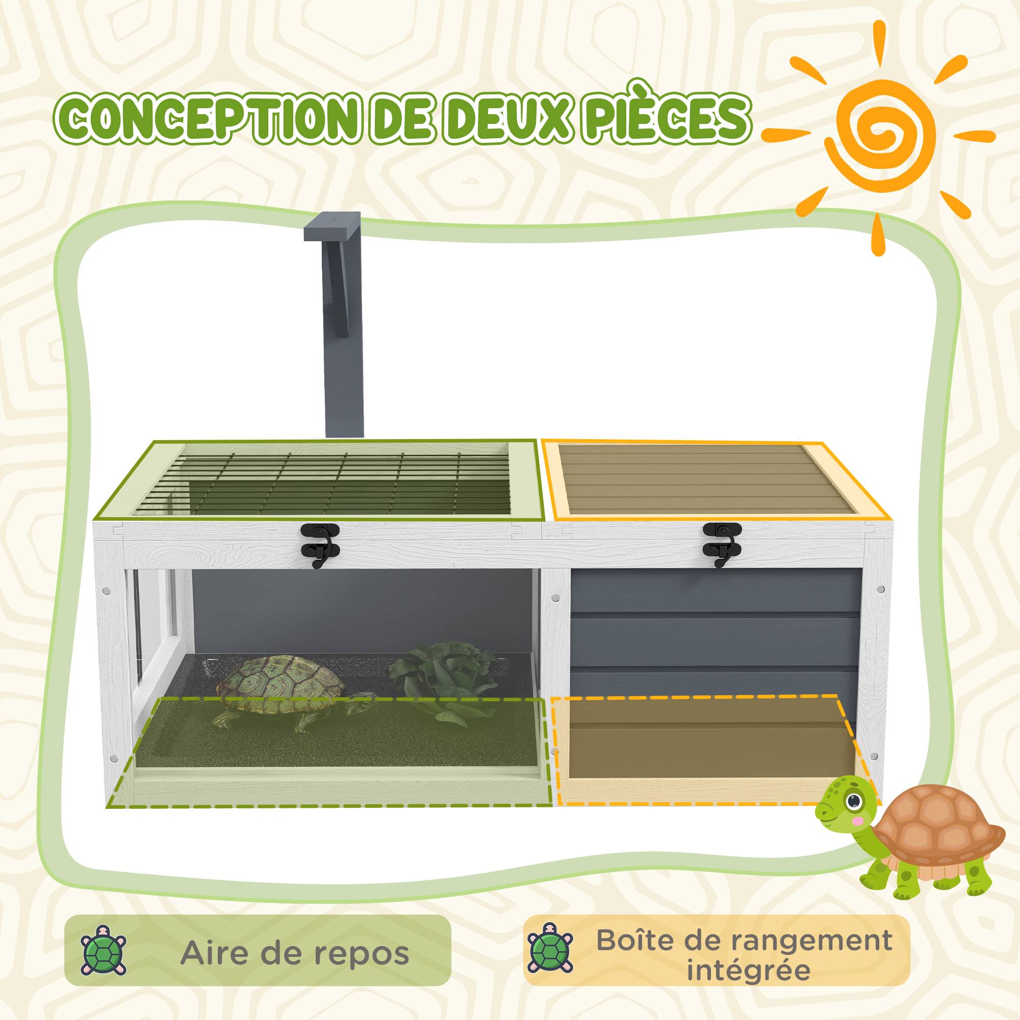 Sans Marque - Maison enclos cage pour petit animal tortue avec 2 espaces support de lampe 81 x 48 x 31,5 cm gris - Image 6