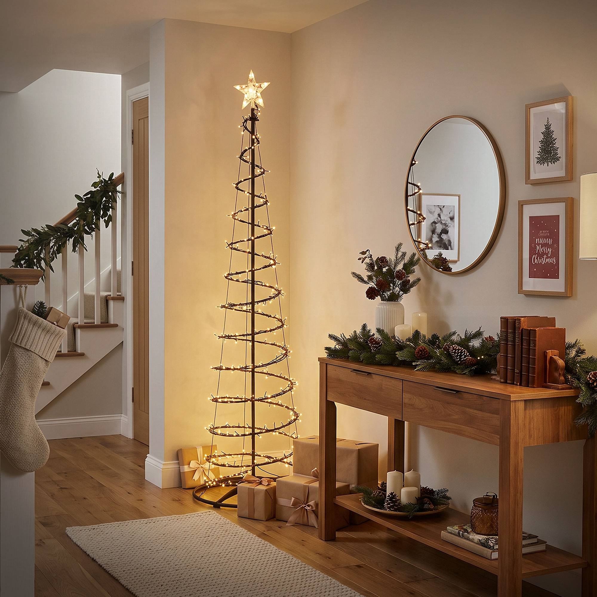 Ecd-Germany - Sapin de noël spirale LED 210 cm avec étoile cône lumineux effet cascade 15 modes de lumière minuterie et 756 LEDs blanc chaud pour maison jardin IP44 - Image 9