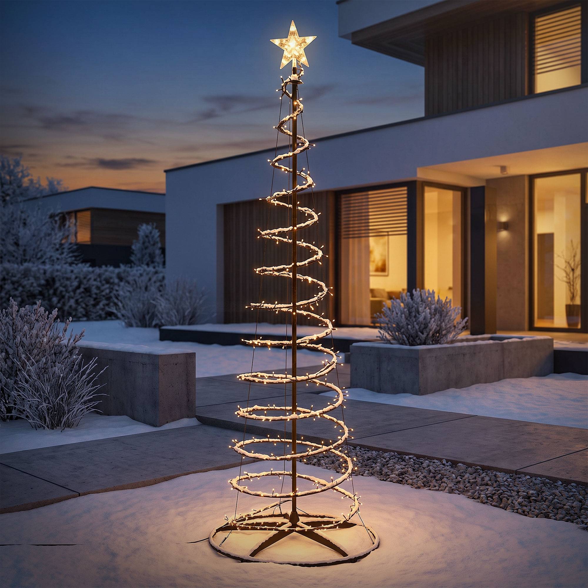 Ecd-Germany - Sapin de noël spirale LED 210 cm avec étoile cône lumineux effet cascade 15 modes de lumière minuterie et 756 LEDs blanc chaud pour maison jardin IP44 - Image 1