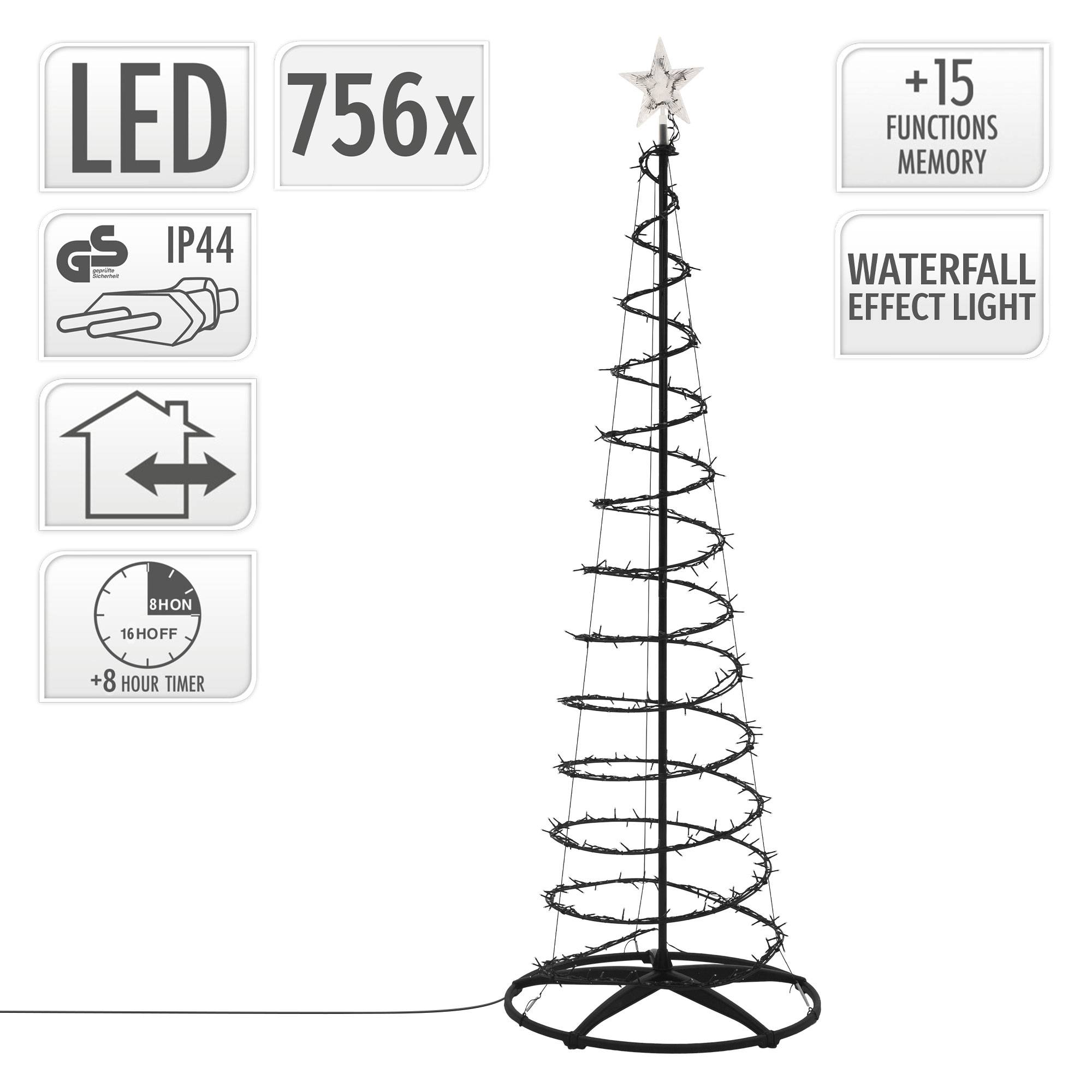 Ecd-Germany - Sapin de noël spirale LED 210 cm avec étoile cône lumineux effet cascade 15 modes de lumière minuterie et 756 LEDs blanc chaud pour maison jardin IP44 - Image 3