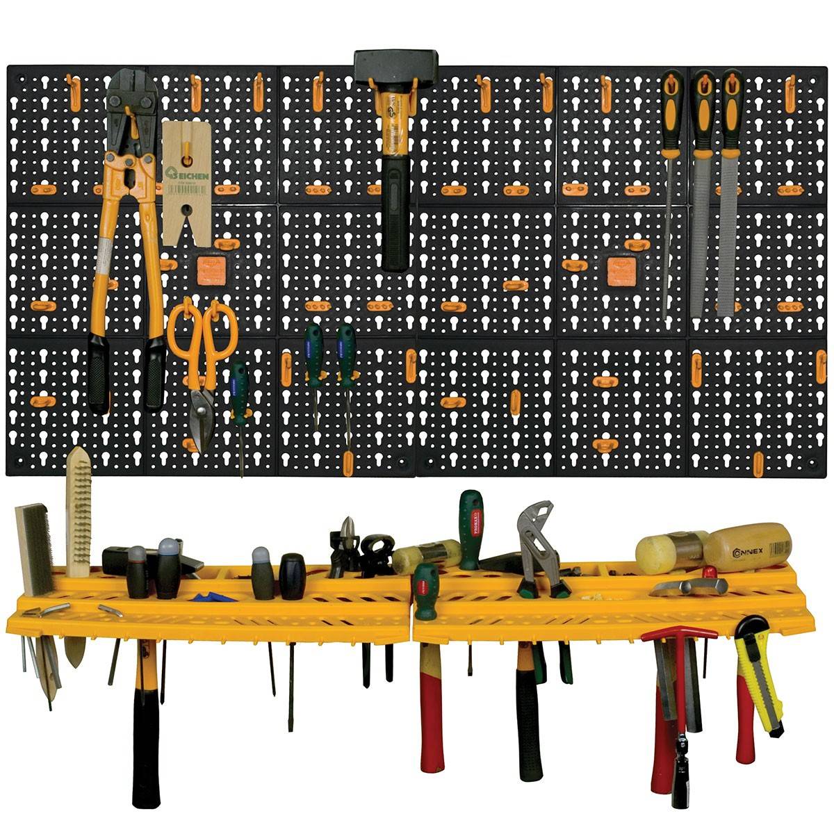 Panneau porte Outils 50 x 100 x 1.7cm Kit modulable 2 panneaux perforés 1 étagère porte outils + 50 crochets Assortis - Image 1