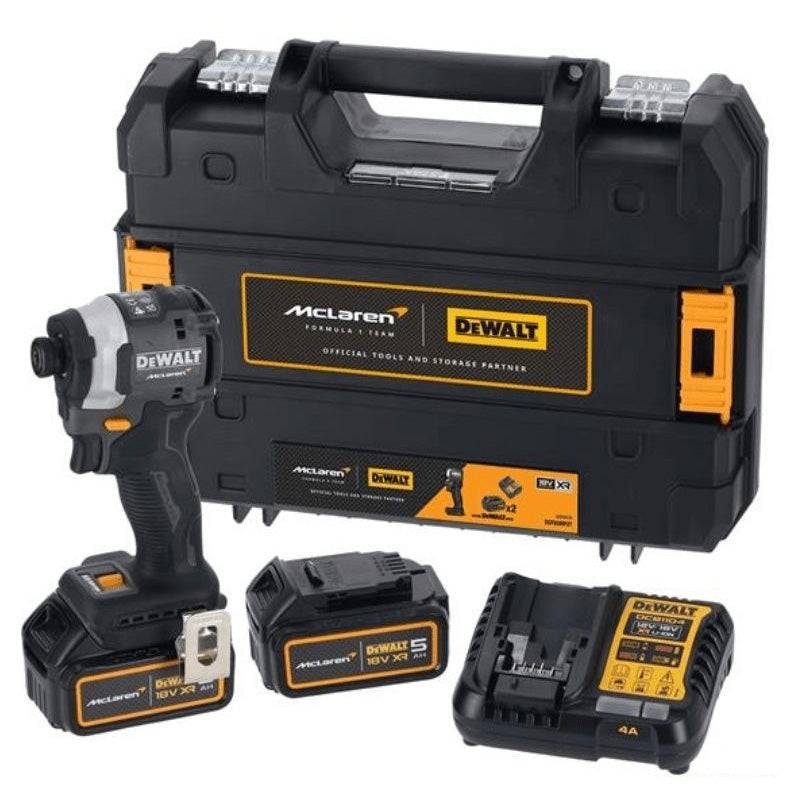 Visseuse À Chocs Ultra Compacte XR 18V 5Ah  Brushless DCF85MP2T-QW Édition Limitée McLaren Livrée Avec 2 Batteries 5Ah Li-Ion, 1 Chargeur en Coffret T