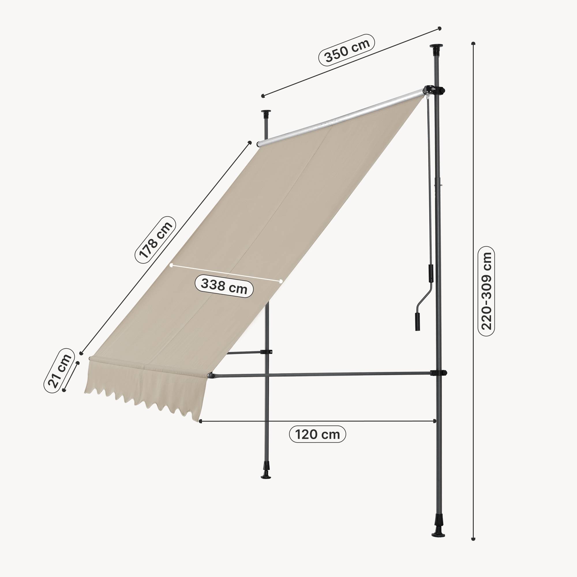 Pro.Tec - Store Banne Manuel Auvent Téléscopique 350 x 120 x 220-309 cm Sable  [pro.tec] - Image 3