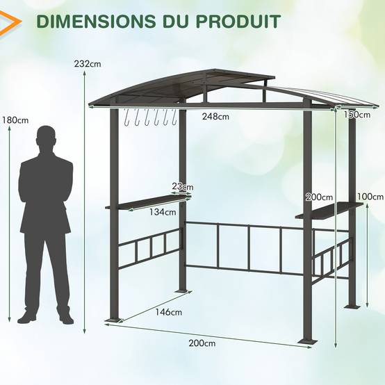 Tonnelle de Barbecue Exterieur avec Toit Rigide en PC, Abri Barbecue avec Étagères Latérales Crochets Cadre Métallique, Tente de Canopée pour Jardin - Image 4