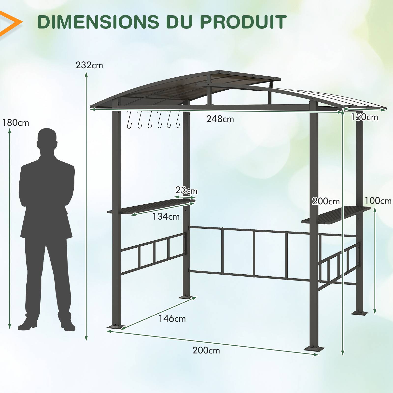 Tonnelle de Barbecue Exterieur avec Toit Rigide en PC, Abri Barbecue avec Étagères Latérales Crochets Cadre Métallique, Tente de Canopée pour Jardin - Image 4