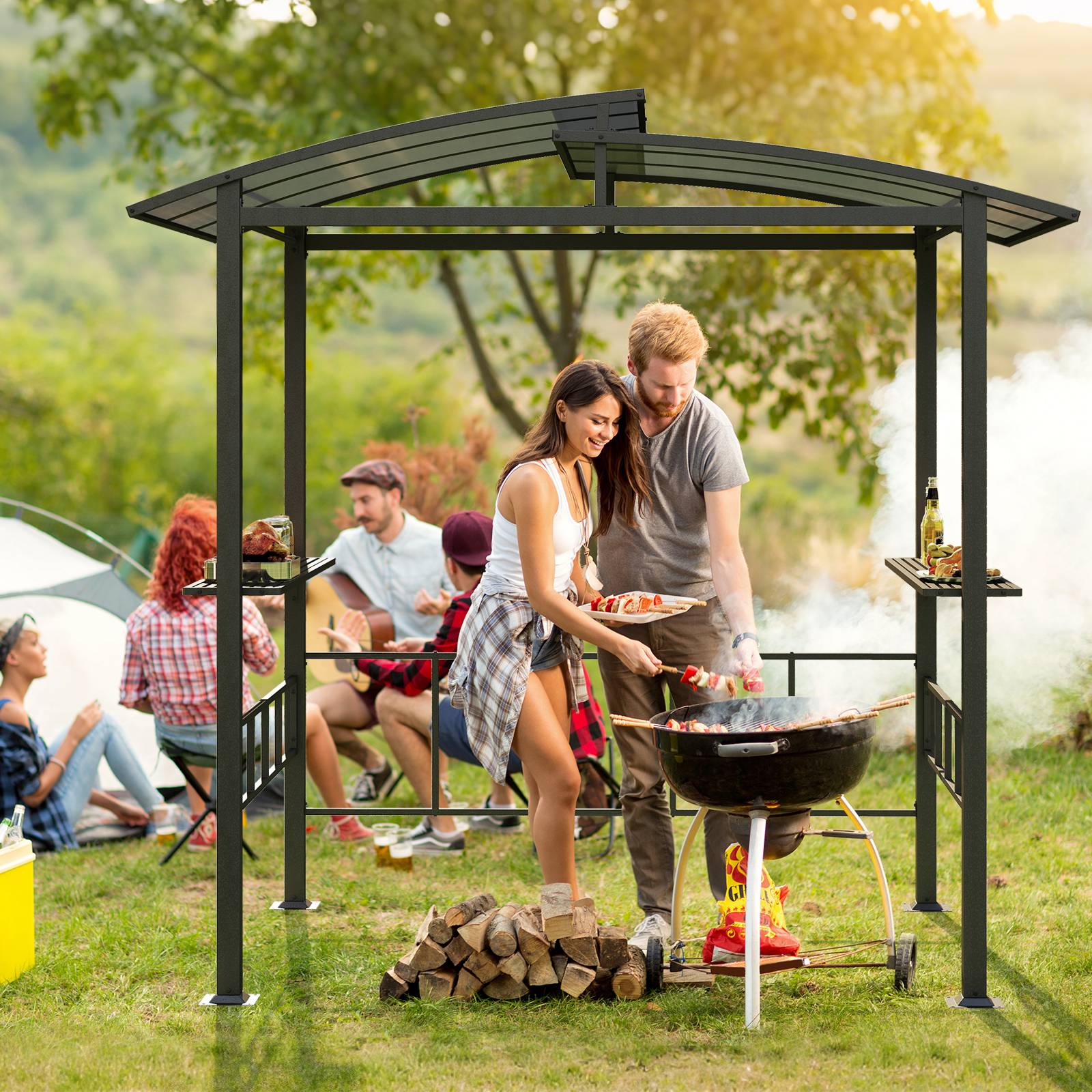Tonnelle de Barbecue Exterieur avec Toit Rigide en PC, Abri Barbecue avec Étagères Latérales Crochets Cadre Métallique, Tente de Canopée pour Jardin - Image 2