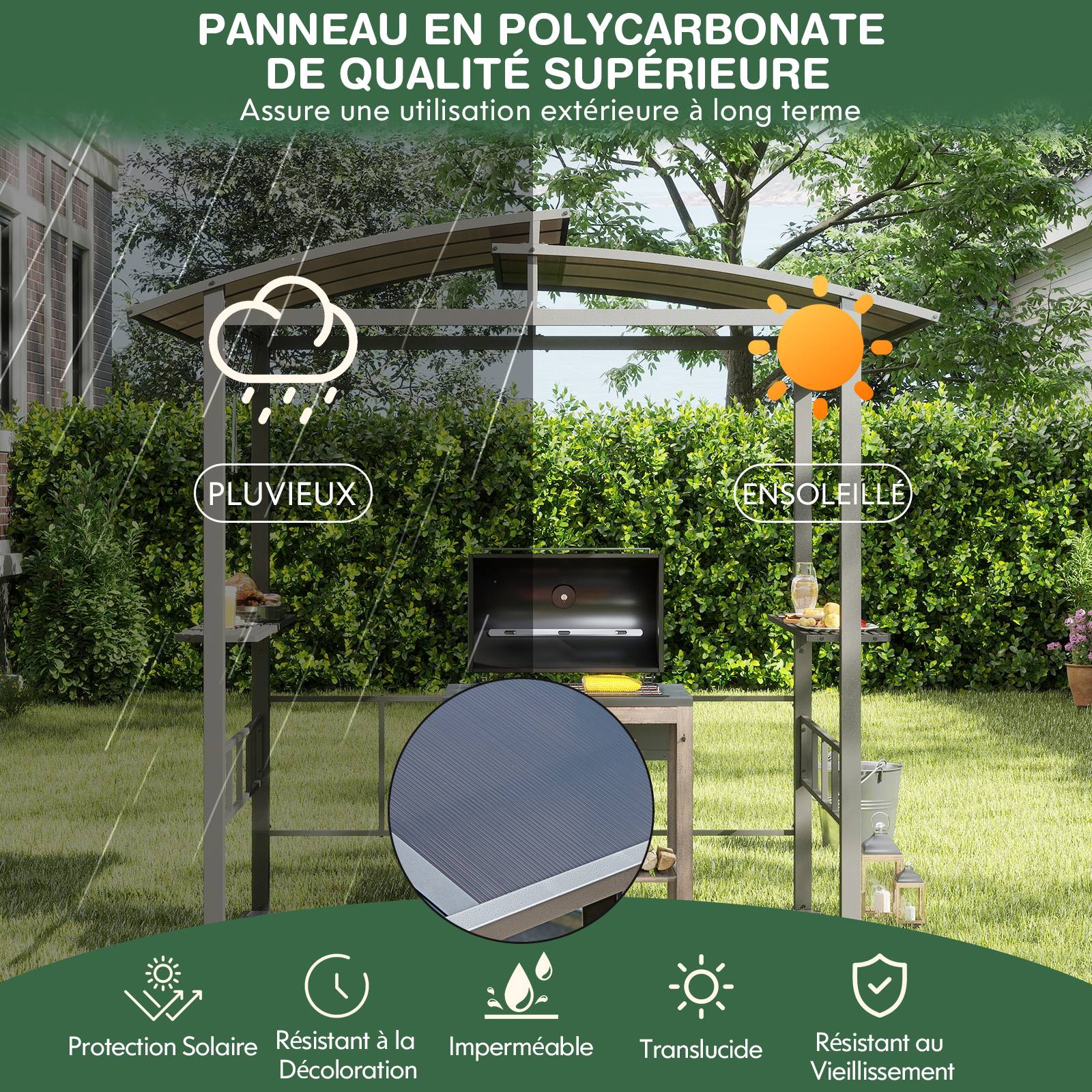 Tonnelle de Barbecue Exterieur avec Toit Rigide en PC, Abri Barbecue avec Étagères Latérales Crochets Cadre Métallique, Tente de Canopée pour Jardin - Image 5