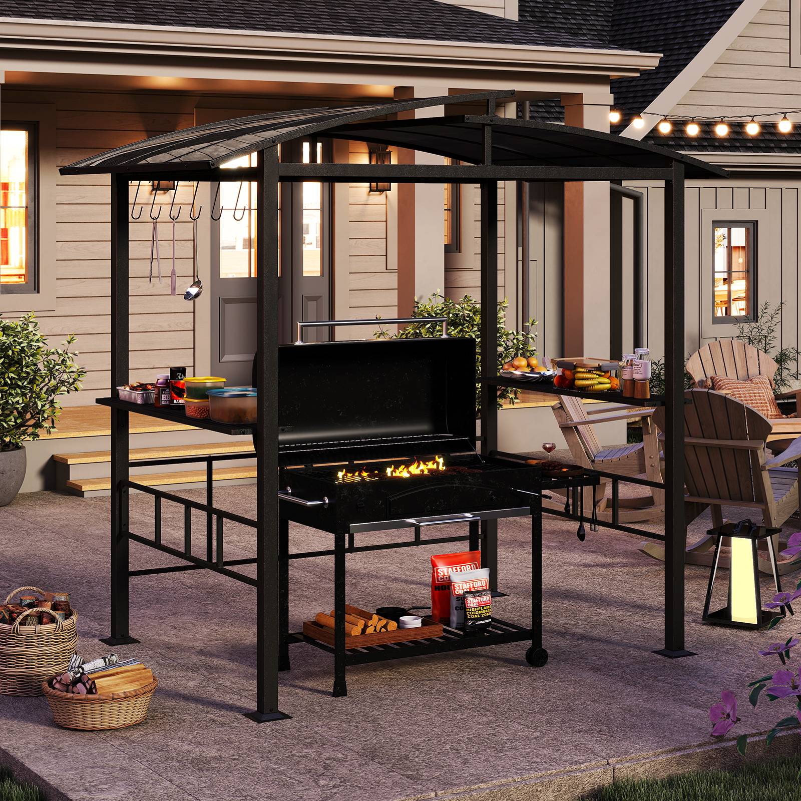 Tonnelle de Barbecue Exterieur avec Toit Rigide en PC, Abri Barbecue avec Étagères Latérales Crochets Cadre Métallique, Tente de Canopée pour Jardin - Image 3