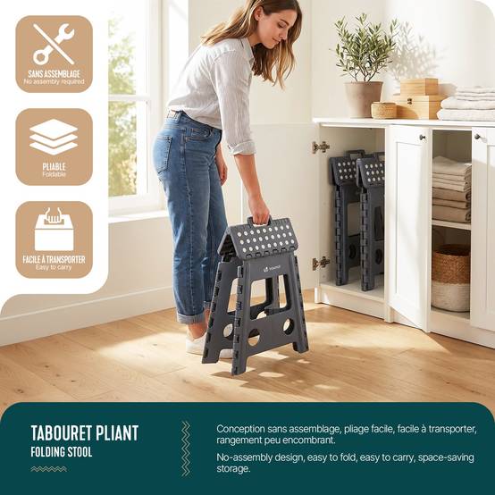 Tabouret pliant portable 39x32x40 cm - Marchepied pliable antidérapant avec poignée - Plastique - Gris - VOUNOT® - Image 5