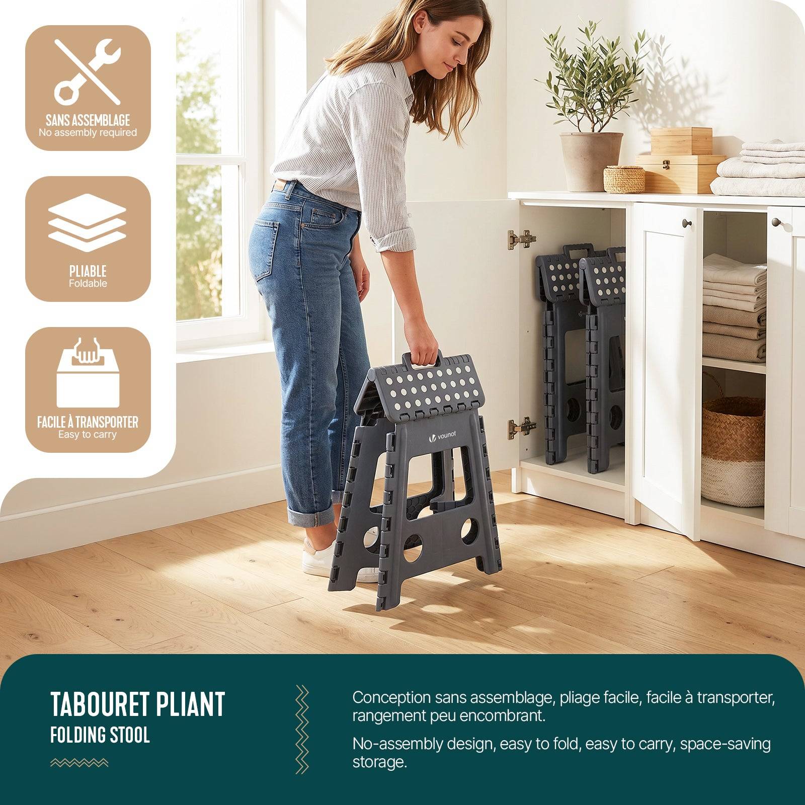 Tabouret pliant portable 39x32x40 cm - Marchepied pliable antidérapant avec poignée - Plastique - Gris - VOUNOT® - Image 5