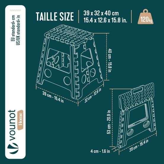 Tabouret pliant portable 39x32x40 cm - Marchepied pliable antidérapant avec poignée - Plastique - Gris - VOUNOT® - Image 3