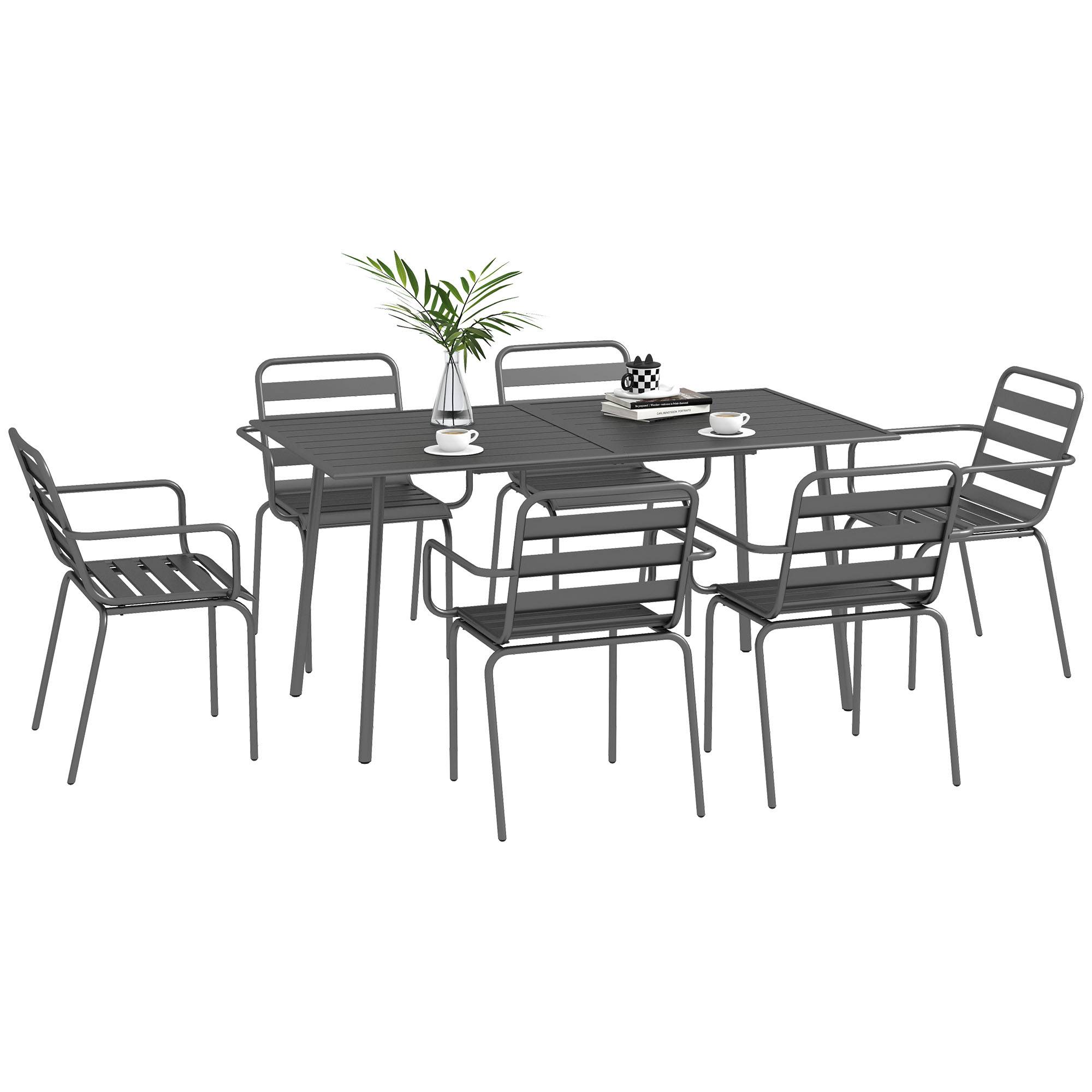 ComfortXL - Salon de jardin en acier pour extérieur table 6 chaises empilables gris - ComfortXL Outdoor Living - Image 1