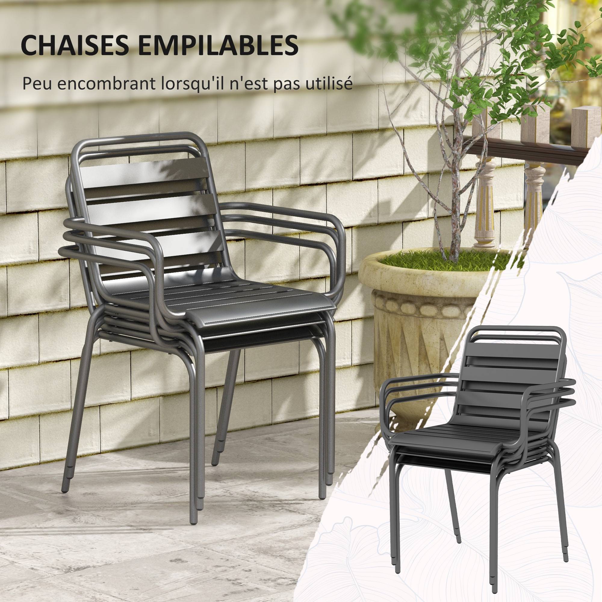 ComfortXL - Salon de jardin en acier pour extérieur table 6 chaises empilables gris - ComfortXL Outdoor Living - Image 6