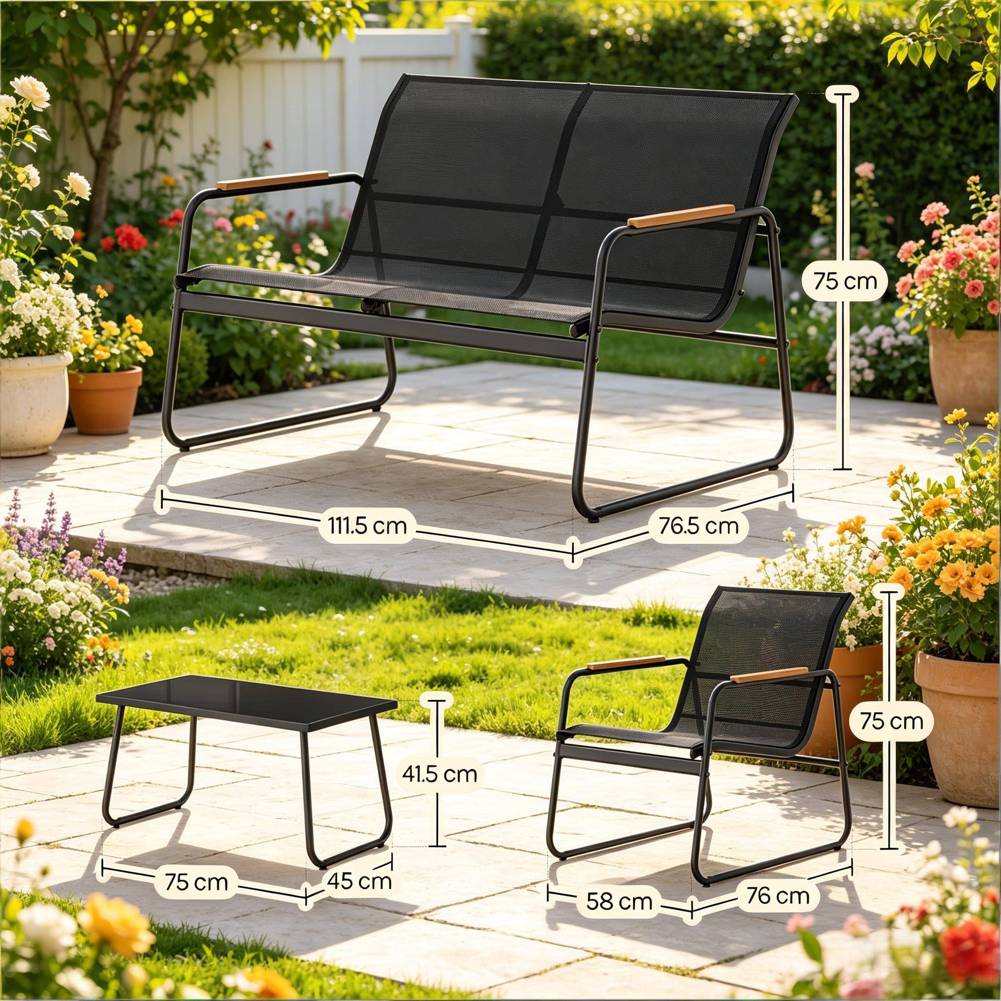 ComfortXL - Salon de jardin 4 places métal et tissu terrasse balcon anti-rouille noir - ComfortXL Outdoor Living - Image 3