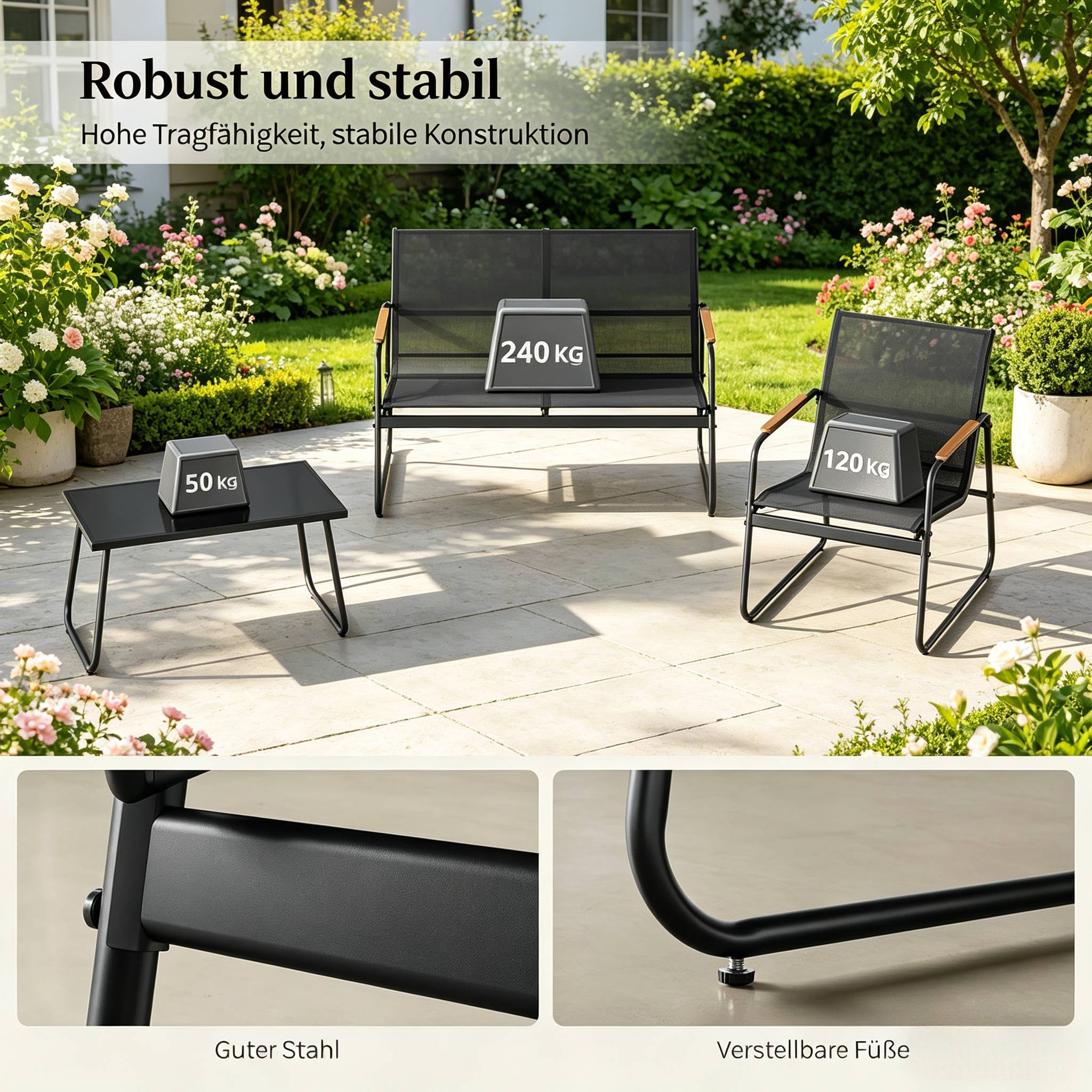 ComfortXL - Salon de jardin 4 places métal et tissu terrasse balcon anti-rouille noir - ComfortXL Outdoor Living - Image 6