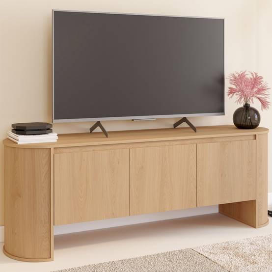 IDMARKET - Meuble TV 140 cm DIVIA 3 portes façon hêtre design arrondi - Image 1