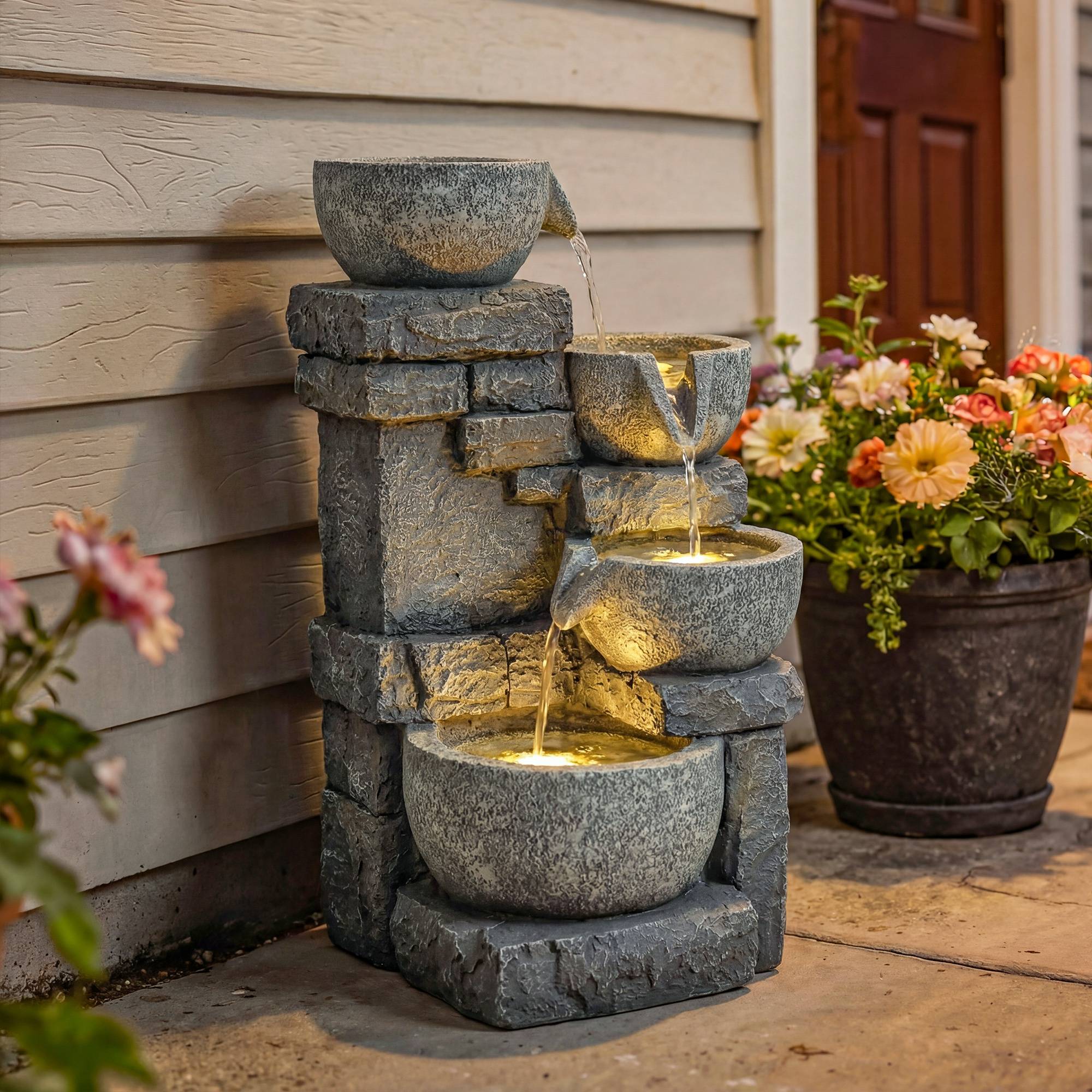 Fontaine de jardin cascade résine 4 niveaux éclairage LED pompe ajustable gris - ComfortXL Outdoor Living - Image 4