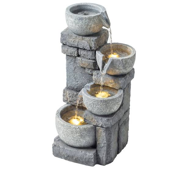 Fontaine de jardin cascade résine 4 niveaux éclairage LED pompe ajustable gris - ComfortXL Outdoor Living - Image 2
