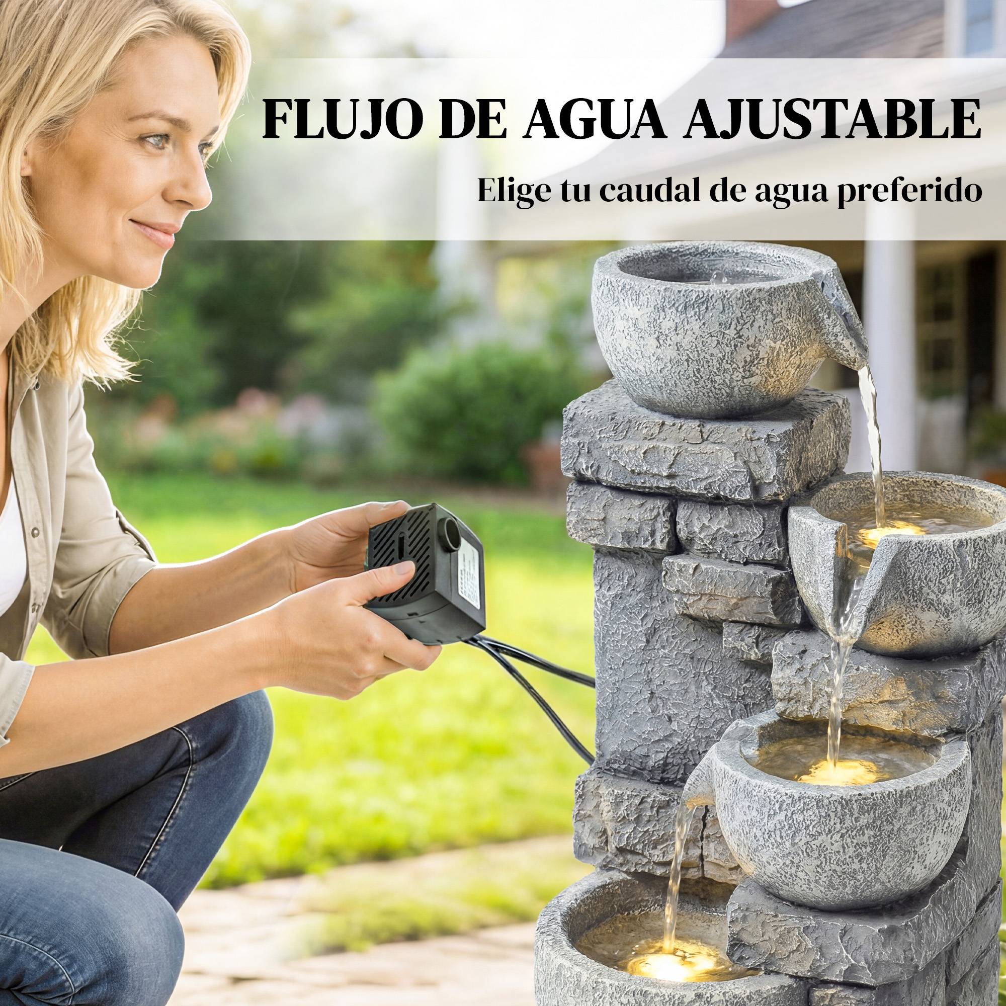 Fontaine de jardin cascade résine 4 niveaux éclairage LED pompe ajustable gris - ComfortXL Outdoor Living - Image 8