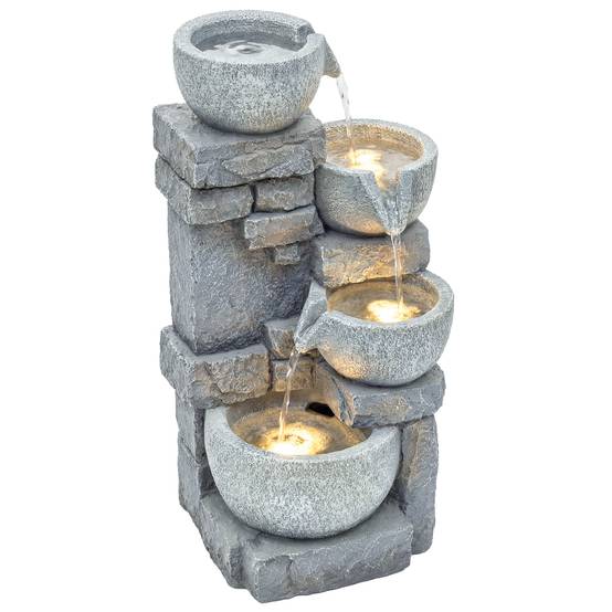 Fontaine de jardin cascade résine 4 niveaux éclairage LED pompe ajustable gris - ComfortXL Outdoor Living - Image 1