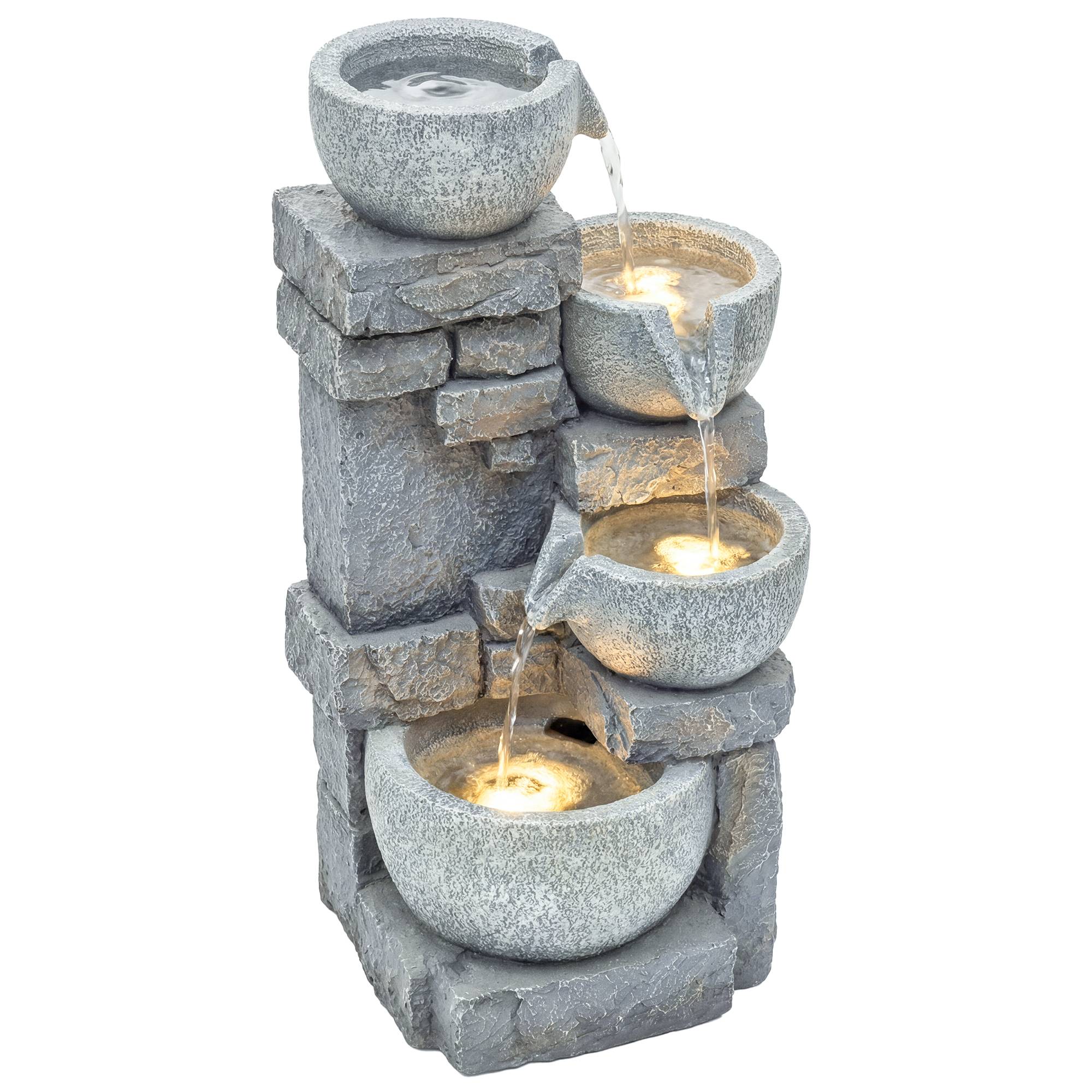 Fontaine de jardin cascade résine 4 niveaux éclairage LED pompe ajustable gris - ComfortXL Outdoor Living - Image 1