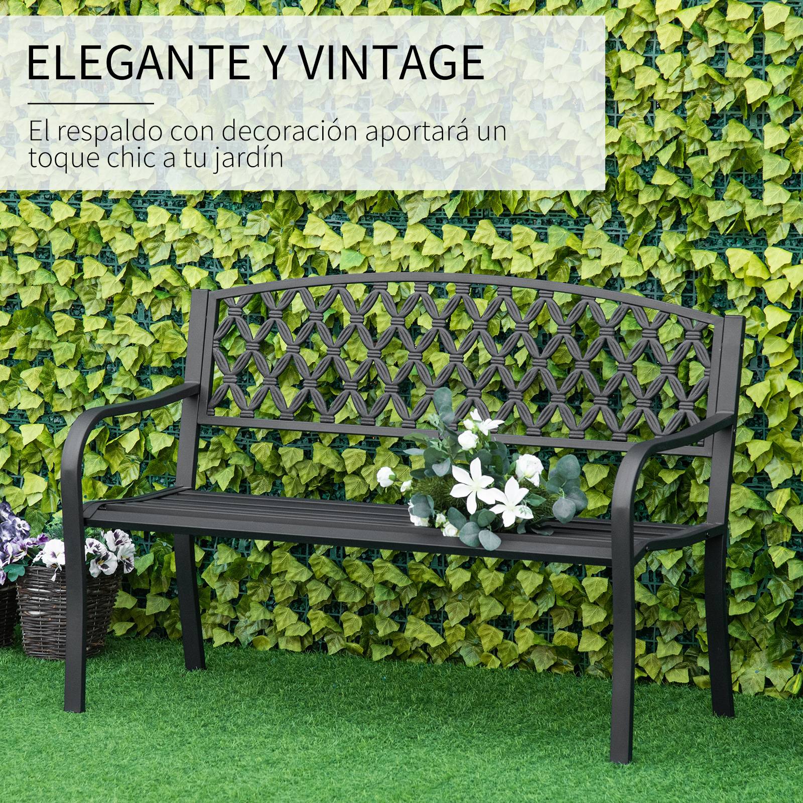 ComfortXL - Banc de jardin acier et fonte 128 cm noir 2 places dossier décoratif accoudoirs - ComfortXL Outdoor Living - Image 6
