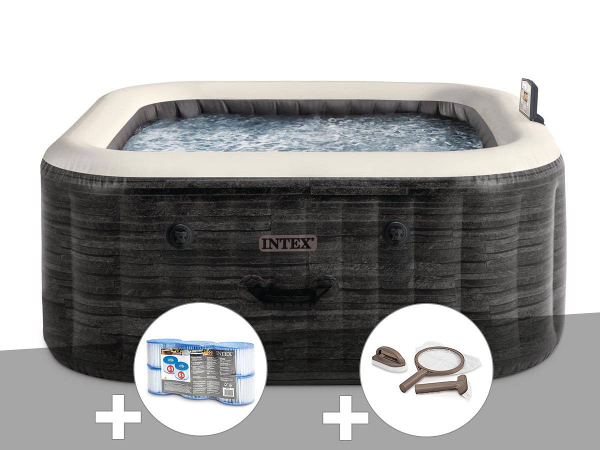 Kit spa gonflable Intex PureSpa Ardoise carré Bulles 4 places + 6 filtres + Kit d'entretien