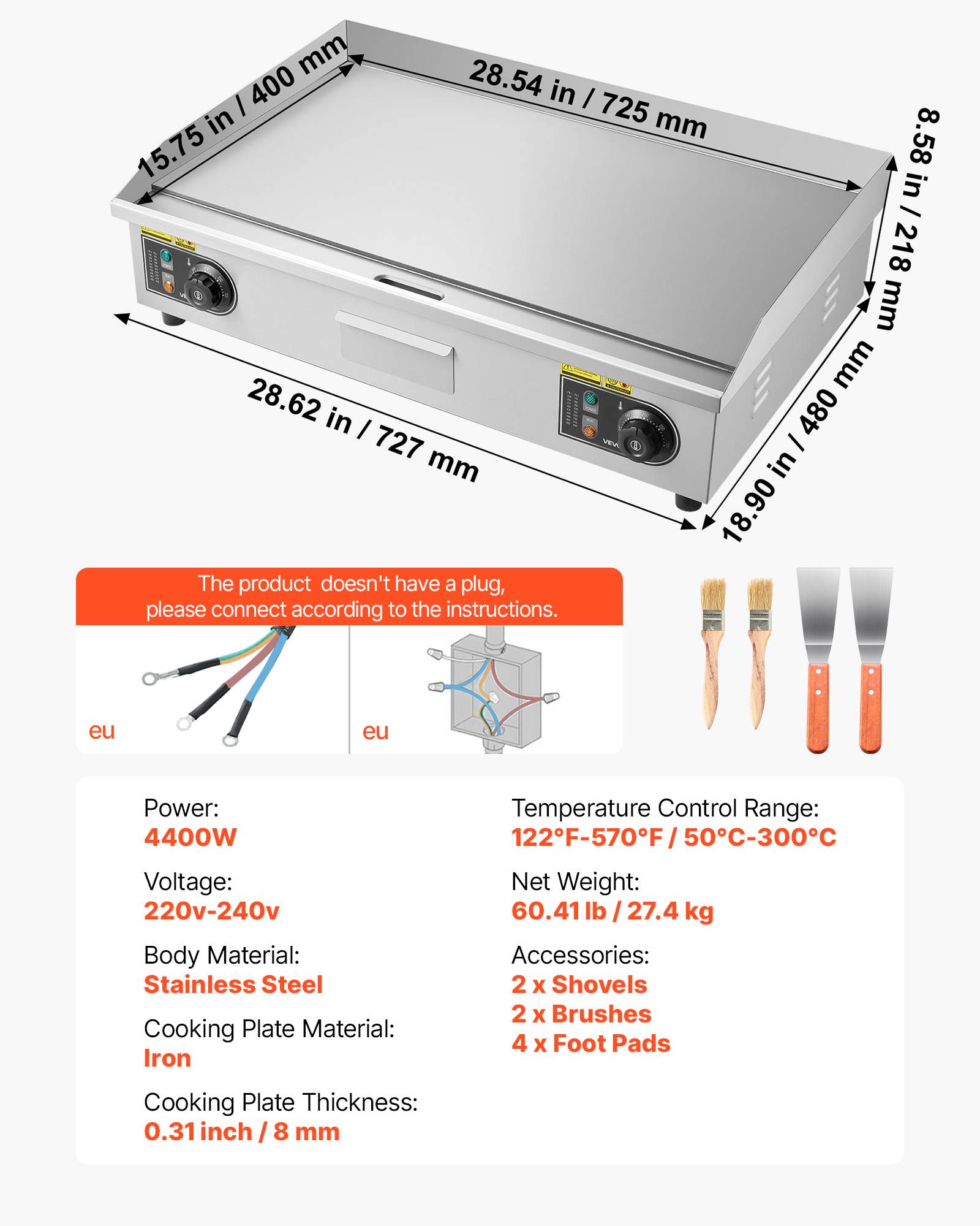 Vevor - VEVOR Plancha Électrique Gril 725x400 mm 4400 W Thermostat Réglable (SANS PRISE) - Image 7