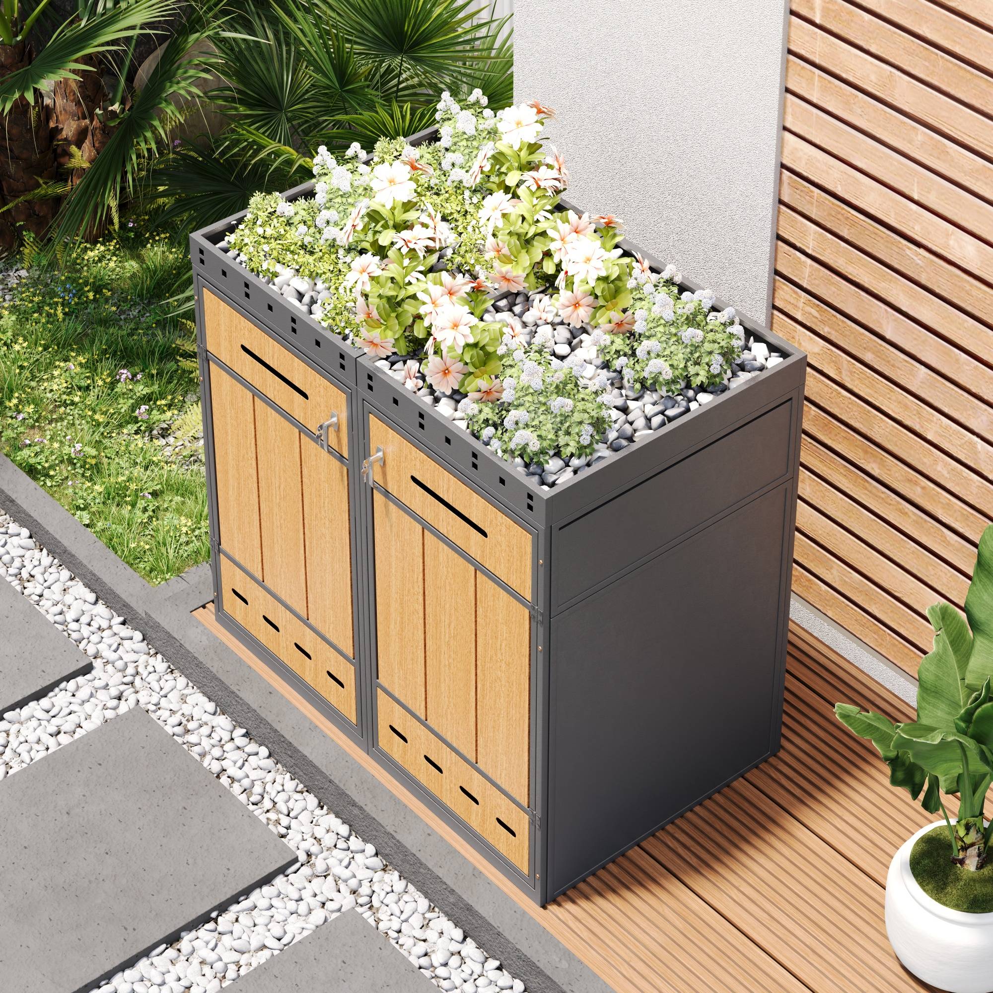 Coffre à déchets avec toit de plantation, pour 2 poubelles 120-240L, en acier et bois, 132 x 80 x 124 cm - PANGIVO - Image 7