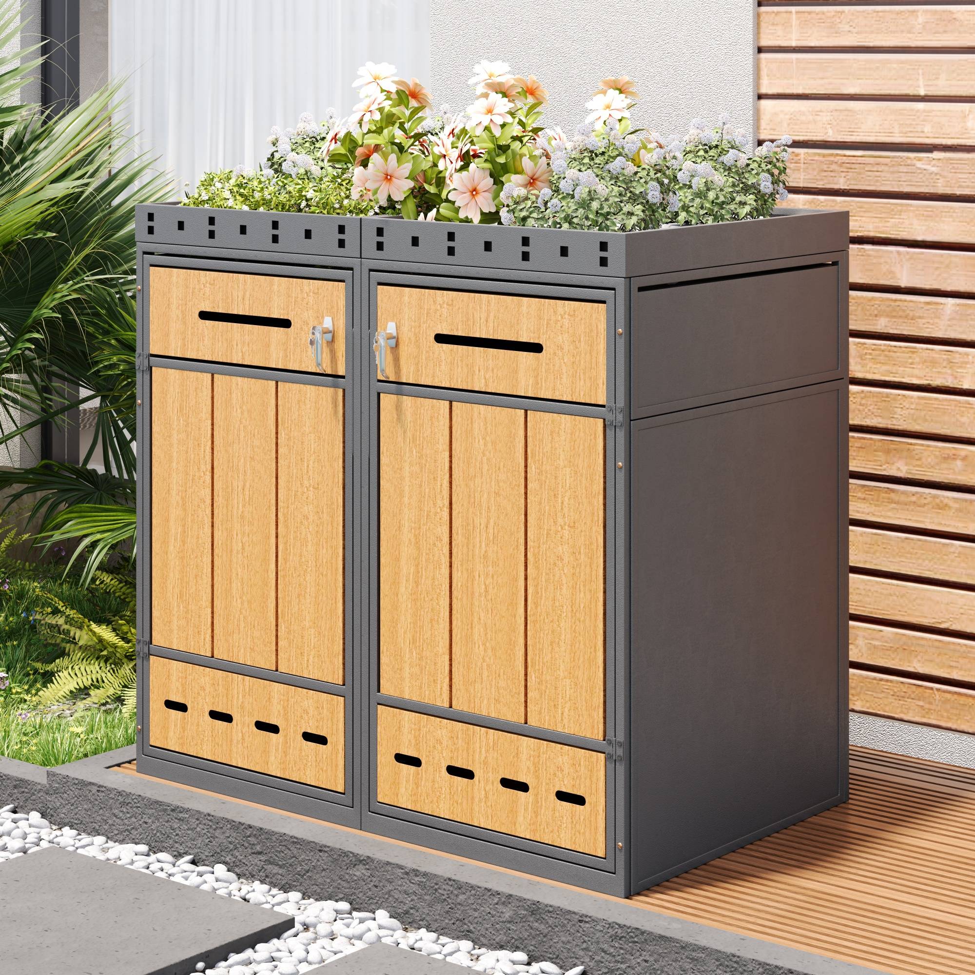 Coffre à déchets avec toit de plantation, pour 2 poubelles 120-240L, en acier et bois, 132 x 80 x 124 cm - PANGIVO - Image 2