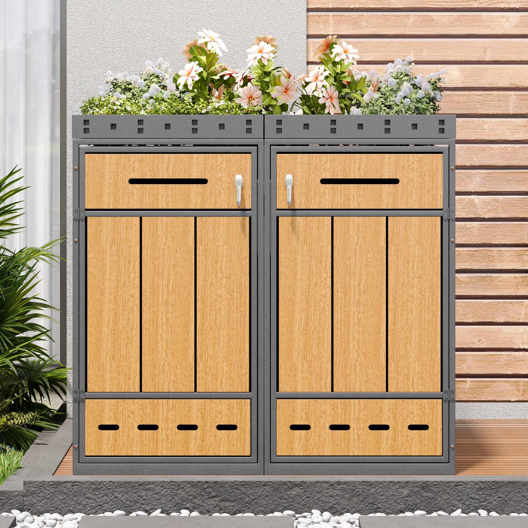 Coffre à déchets avec toit de plantation, pour 2 poubelles 120-240L, en acier et bois, 132 x 80 x 124 cm - PANGIVO - Image 5